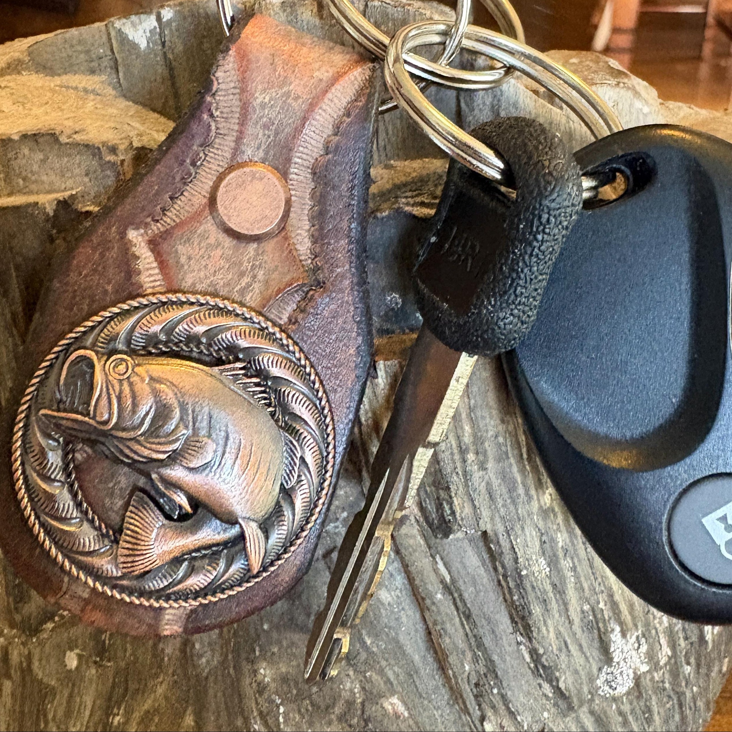 Large Mouth Bass Fishing Keychain, Handmade Leather Key Ring