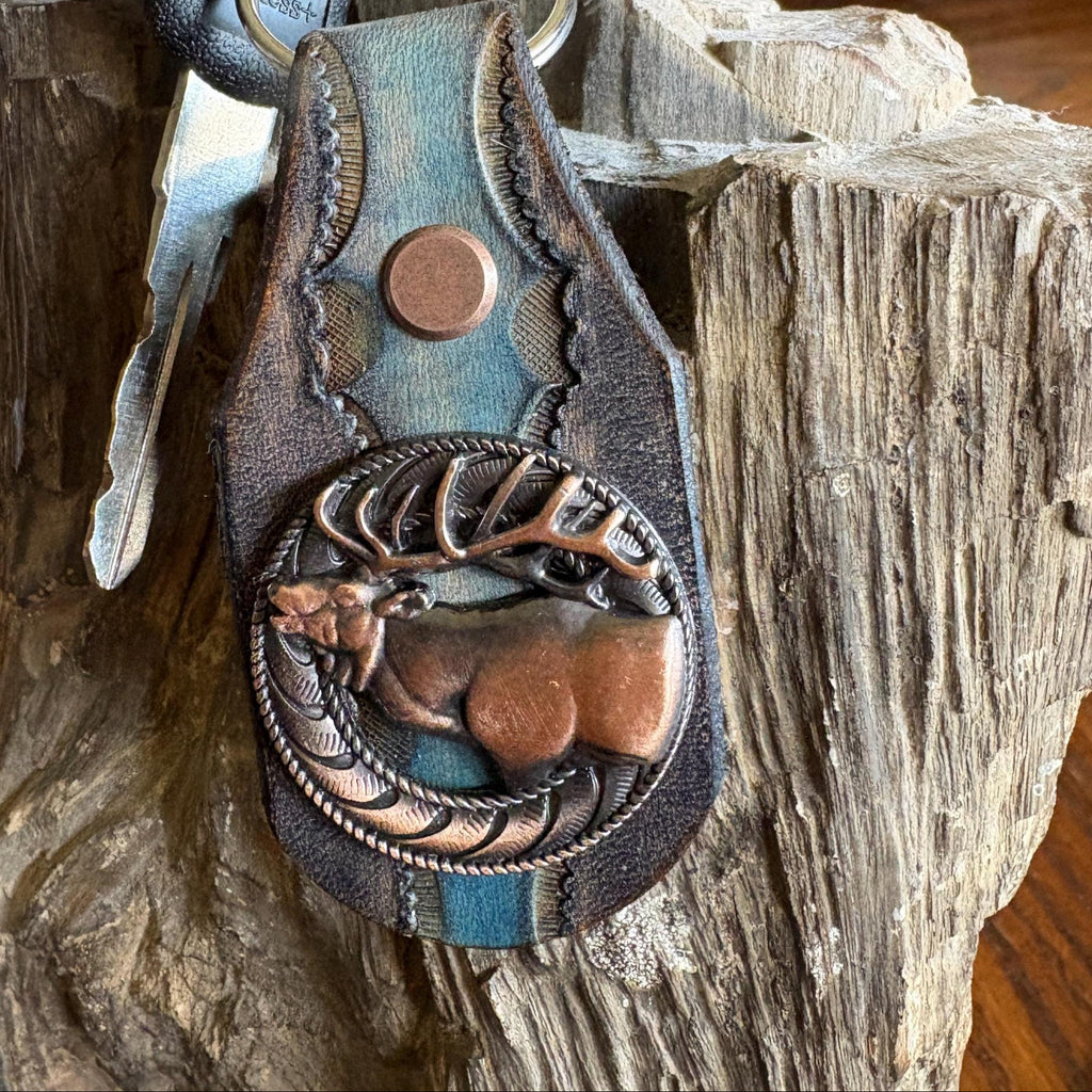 Elk Keychain: Handmade Leather Wildlife Key Fob, Copper Concho, Western Style