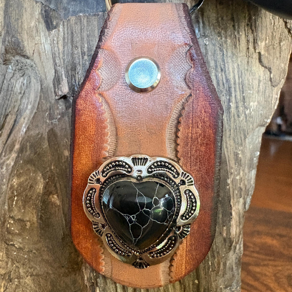 Heart keychain, handmade leather key fob, gift for her, concho, Black Stone