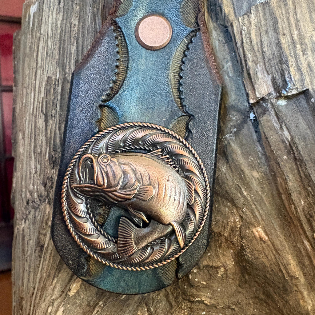 Large Mouth Bass Fishing Keychain, Charcoal Turquoise Concho Dad Gift