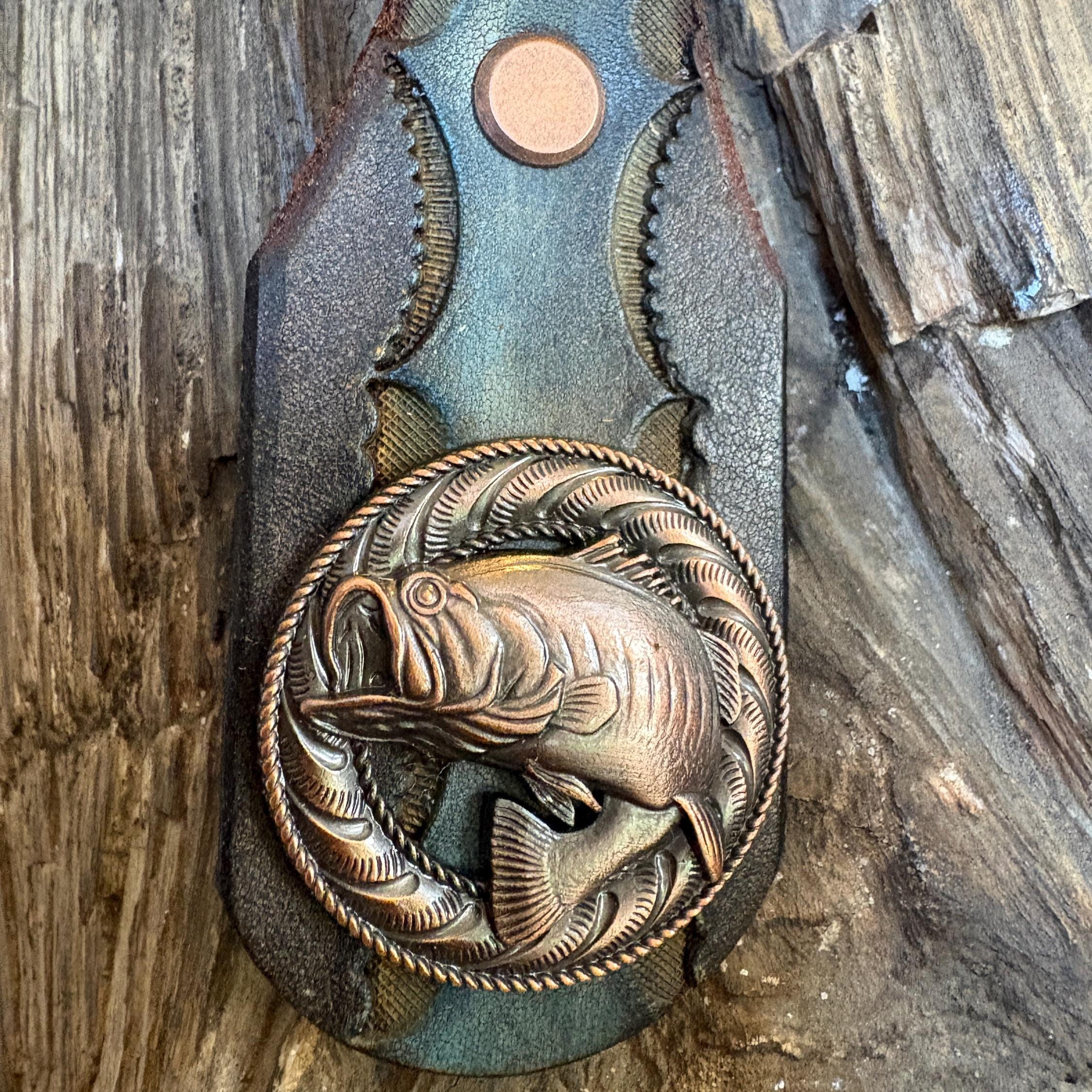 Large Mouth Bass Fishing Keychain, Charcoal Turquoise Concho Dad Gift