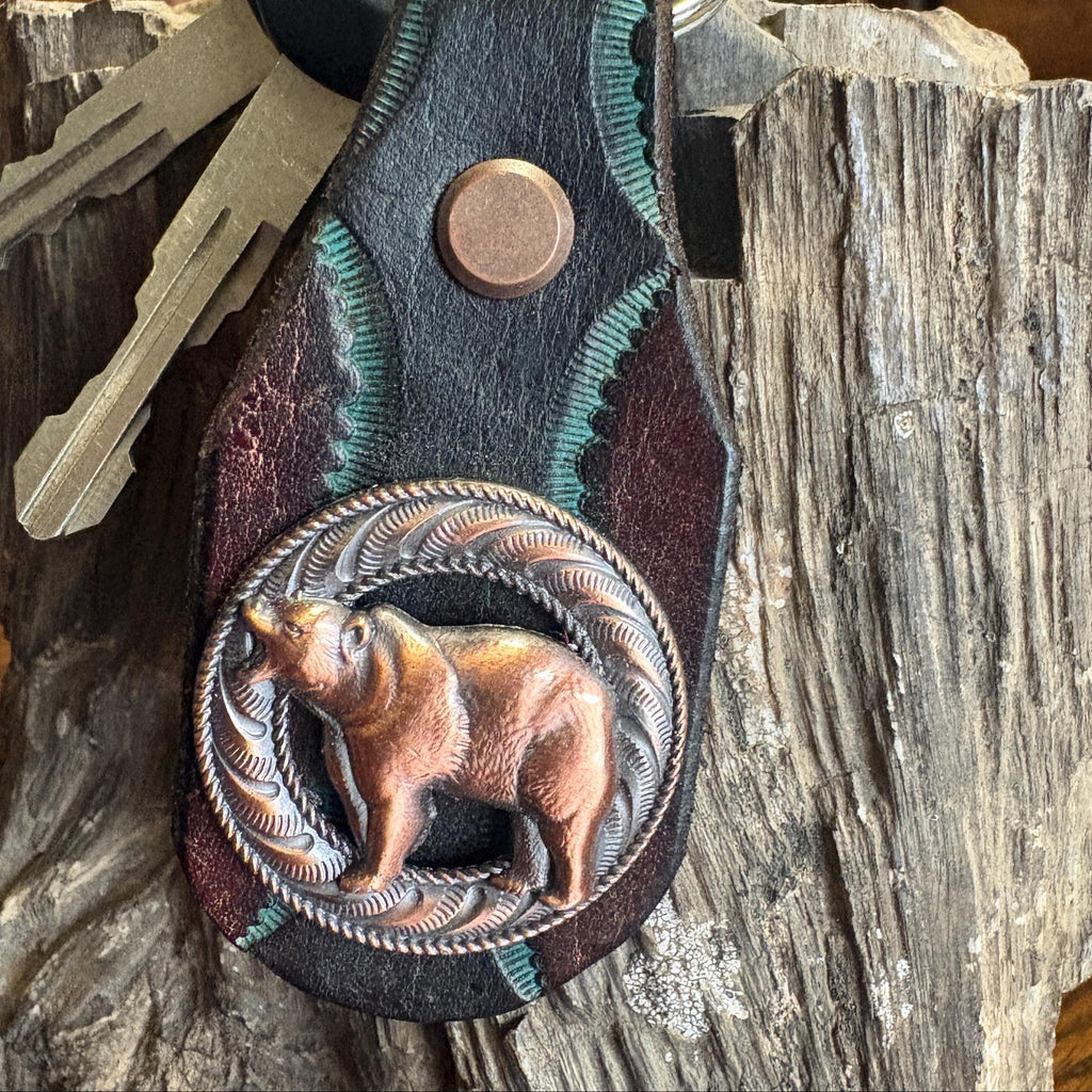 Bear Keychain, Grizzly Key Fob, Handmade Tooled Leather, Western Style