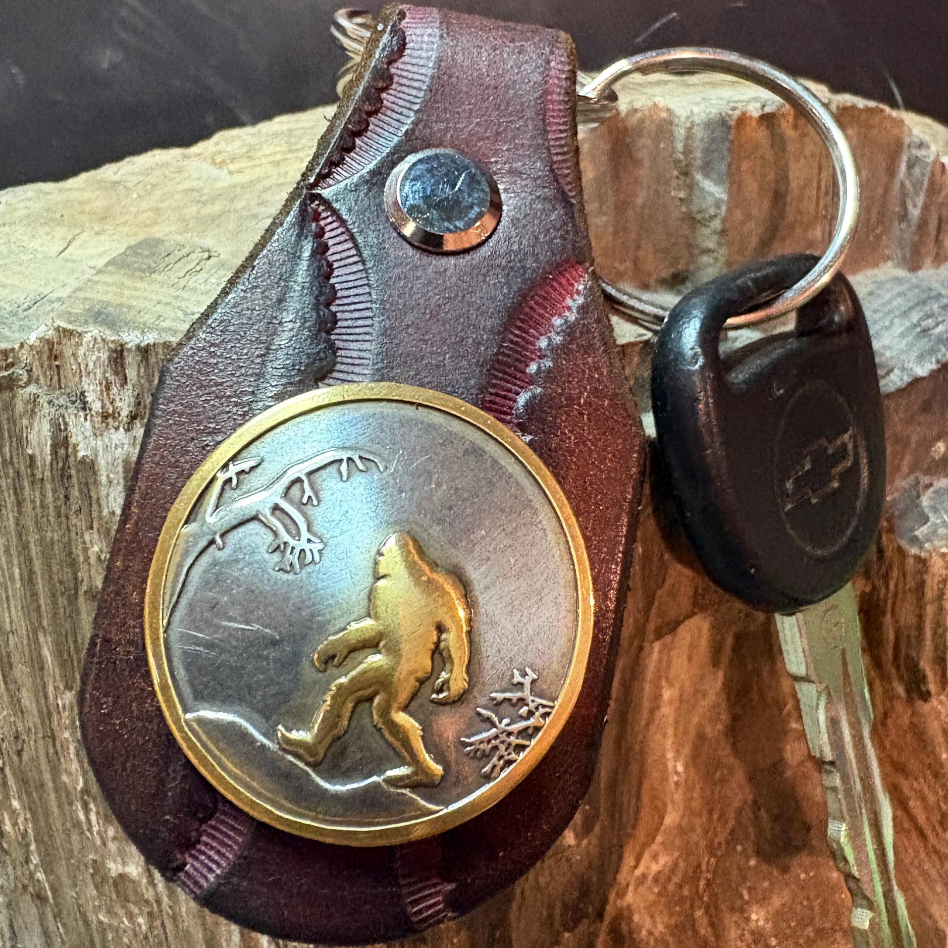 Handmade Leather Sasquatch Keychain: Tooled Bigfoot Accessory