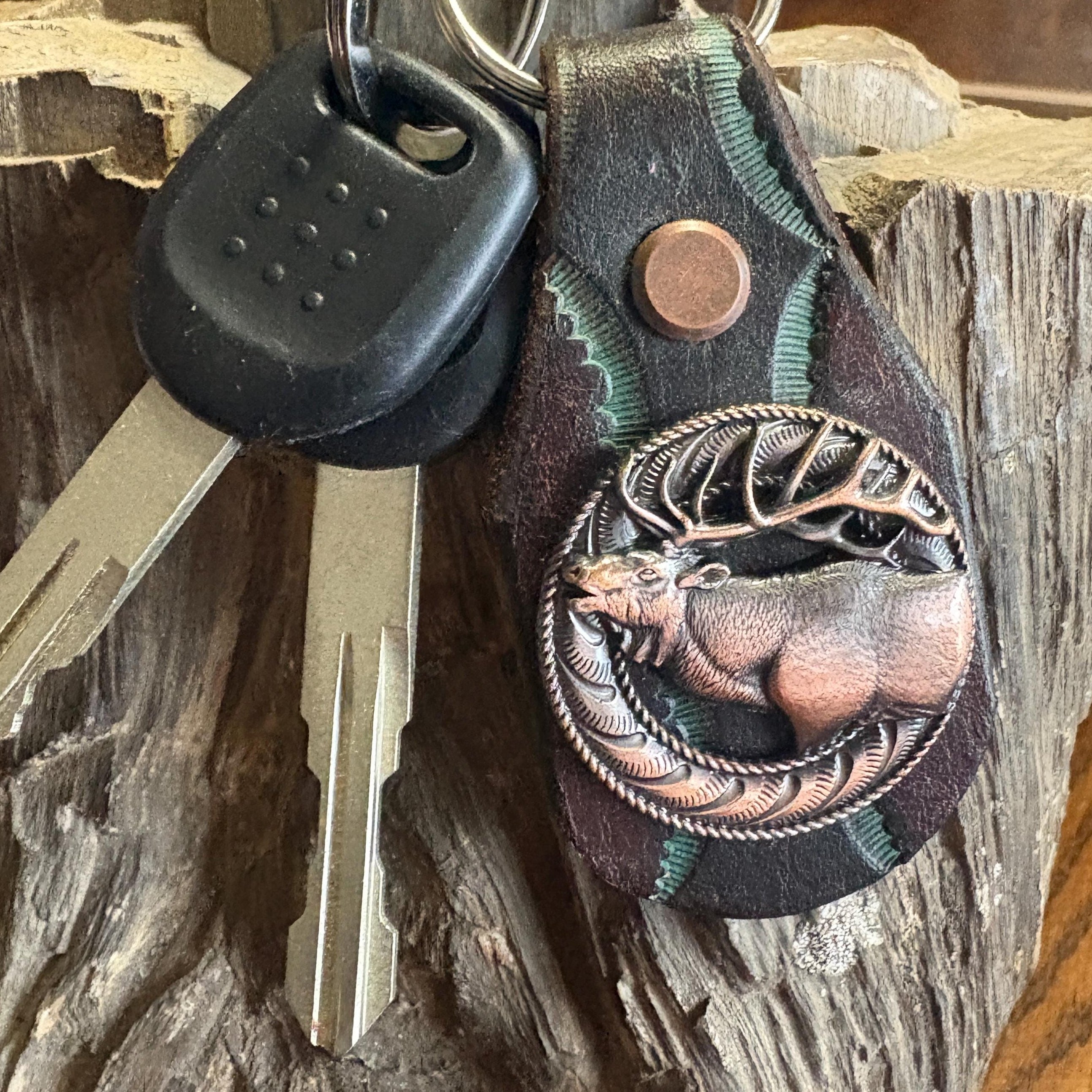 Elk Keychain: Handmade Tooled Leather, Copper Concho, Western Style, Stagg