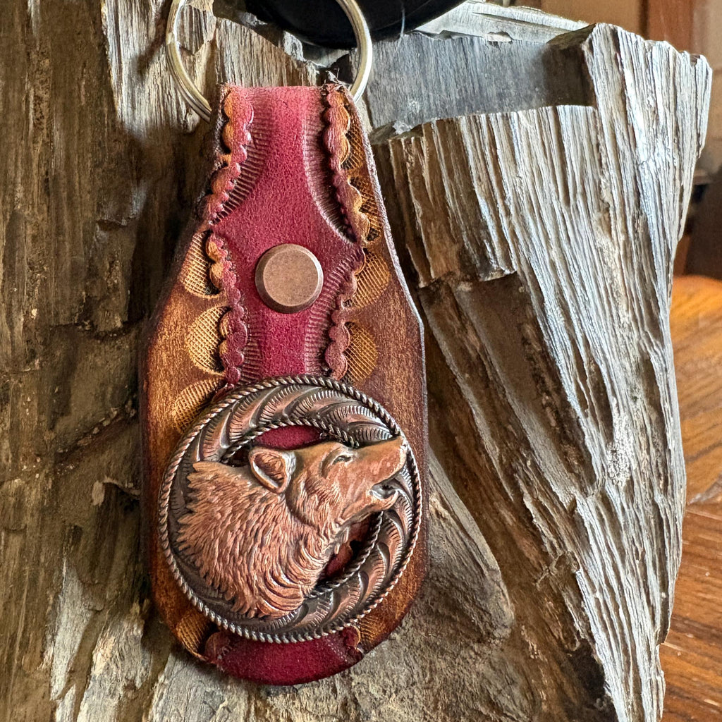 Handmade Leather Wolf Keychain: Howling Wolf Concho, Antique Copper