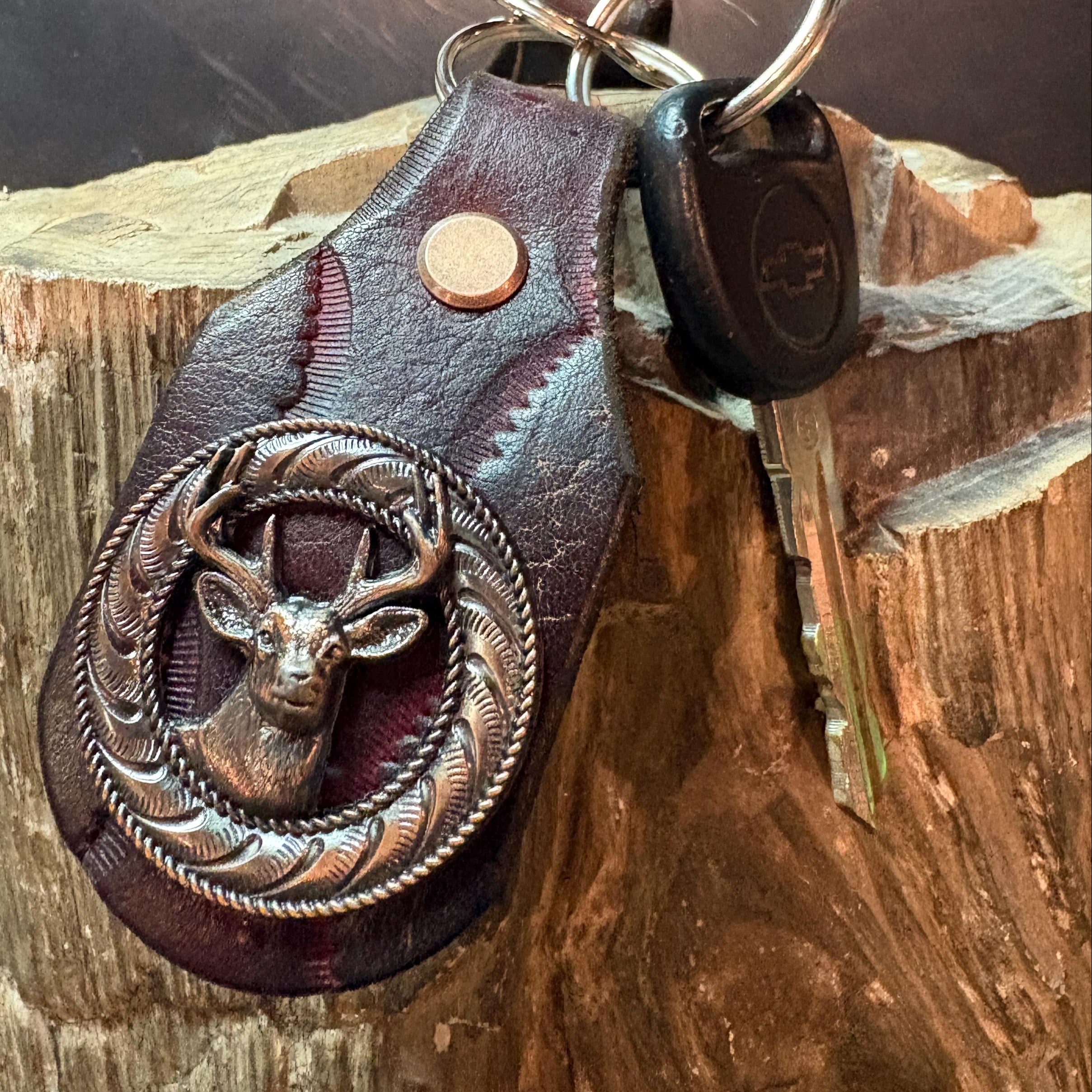 Deer Keychain: Antler, Wildlife, Handmade Leather Hunting Burgundy Brown Western Style Key Fob