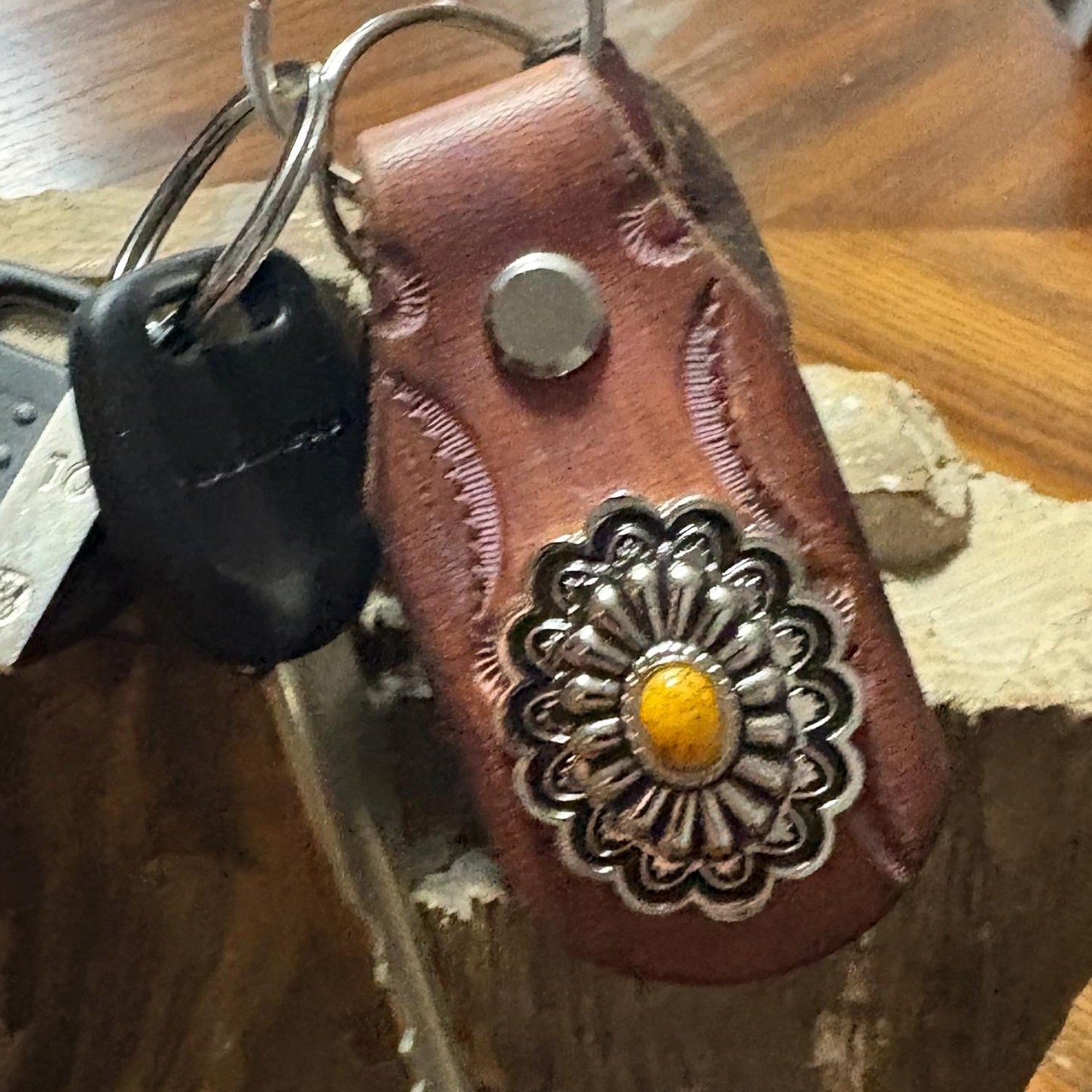 Floral Keychain: Handmade Leather Floral Keychain, Brown and Pink Flower Key Fob