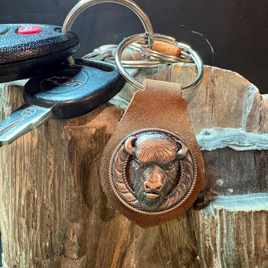 Buffalo Keychain, Western Brown Leather Accessory, Bison Leather Keychain, Bison, Buffalo, Handmade Keychain