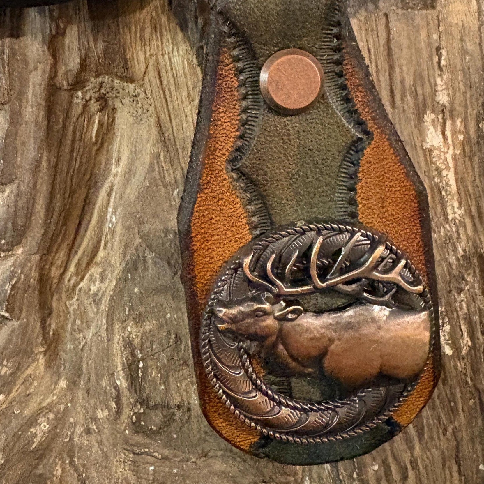 Elk Keychain: Handmade Tooled Leather, Copper Concho, Western Style, Stagg