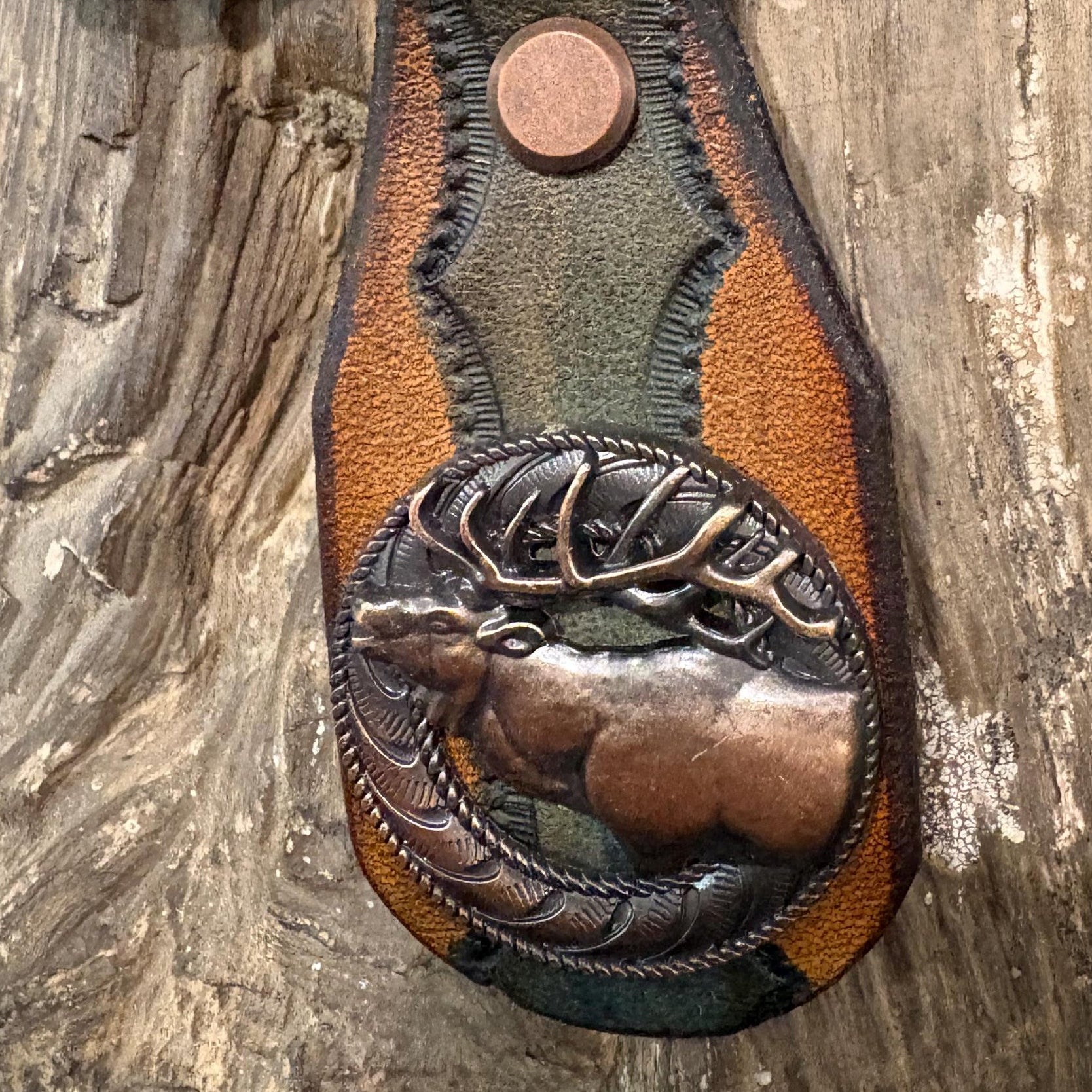 Elk Keychain: Handmade Tooled Leather, Copper Concho, Western Style, Stagg