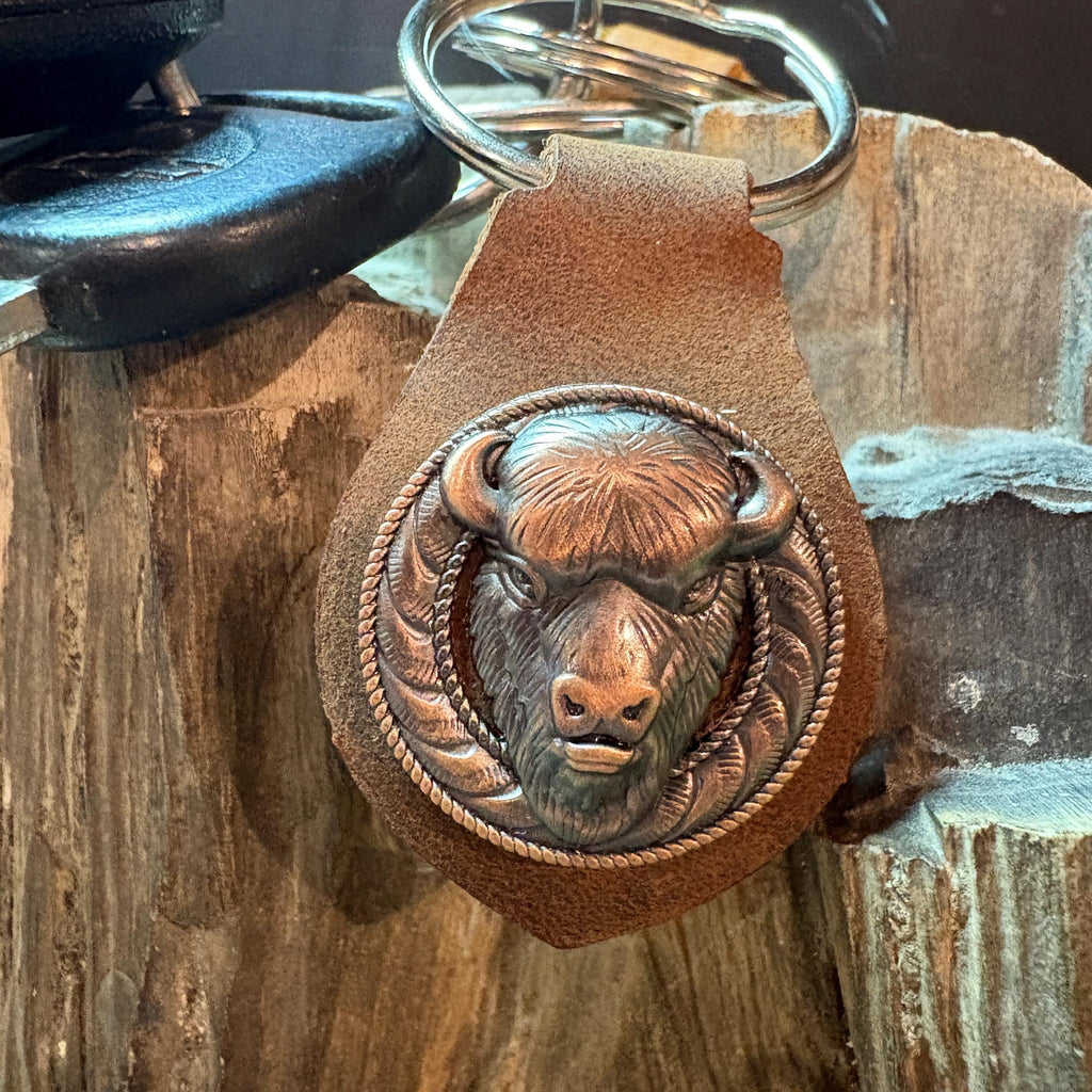 Buffalo Keychain, Western Brown Leather Accessory, Bison Leather Keychain, Bison, Buffalo, Handmade Keychain