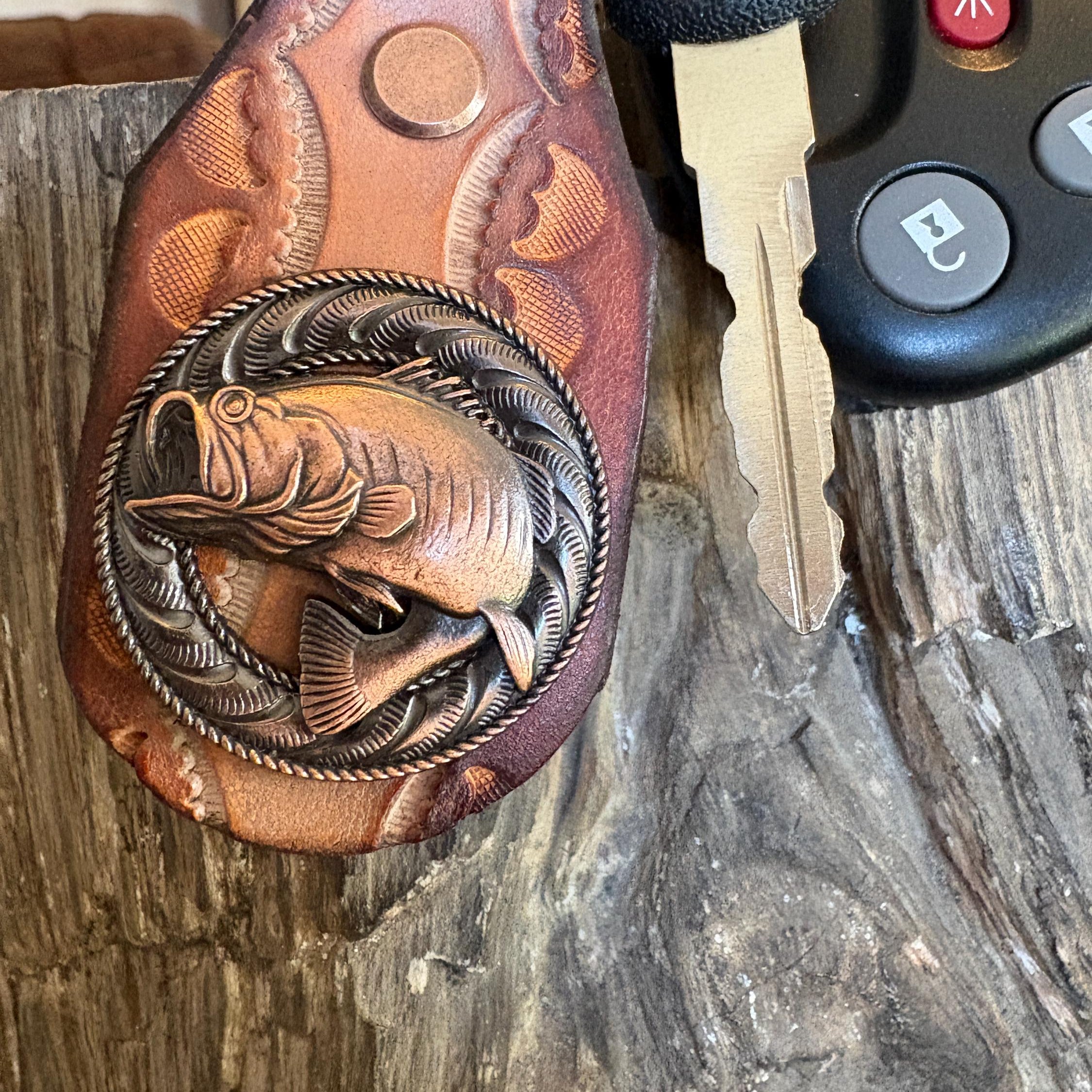 Handmade Brown Leather Fishing Keychain, Large Mouth Bass, Bass Fishing Gift