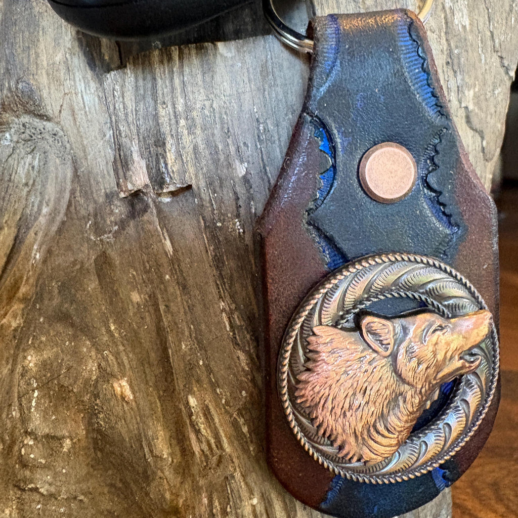 Handmade Leather Keychain, Howling Wolf Concho, Antique Copper Finish, Wildlife Gift