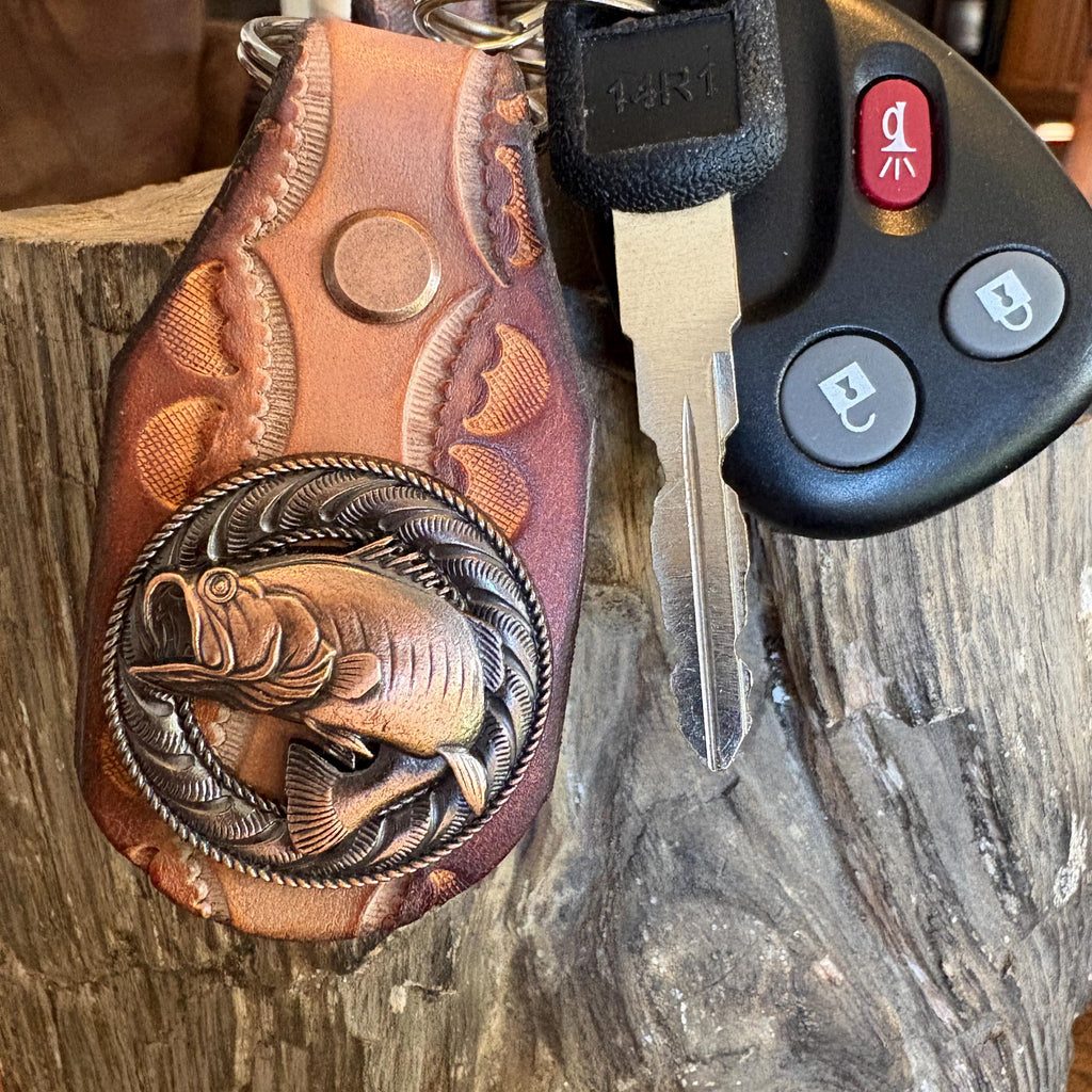 Handmade Brown Leather Fishing Keychain, Large Mouth Bass, Bass Fishing Gift
