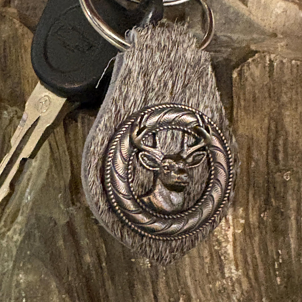 Handmade Hair-on Hide Leather Keychain with Deer Concho, Hunting Accessory