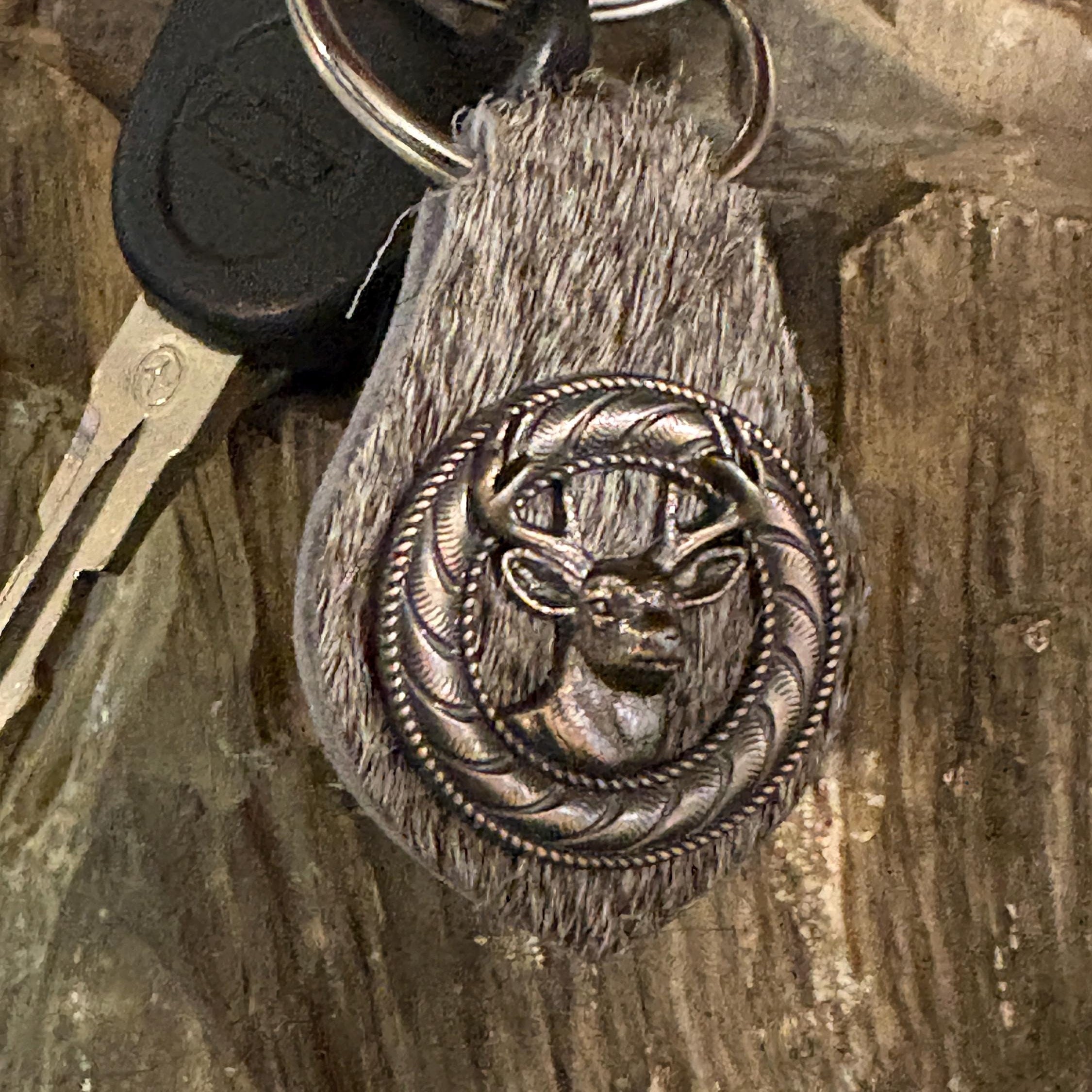 Handmade Hair-on Hide Leather Keychain with Deer Concho, Hunting Accessory