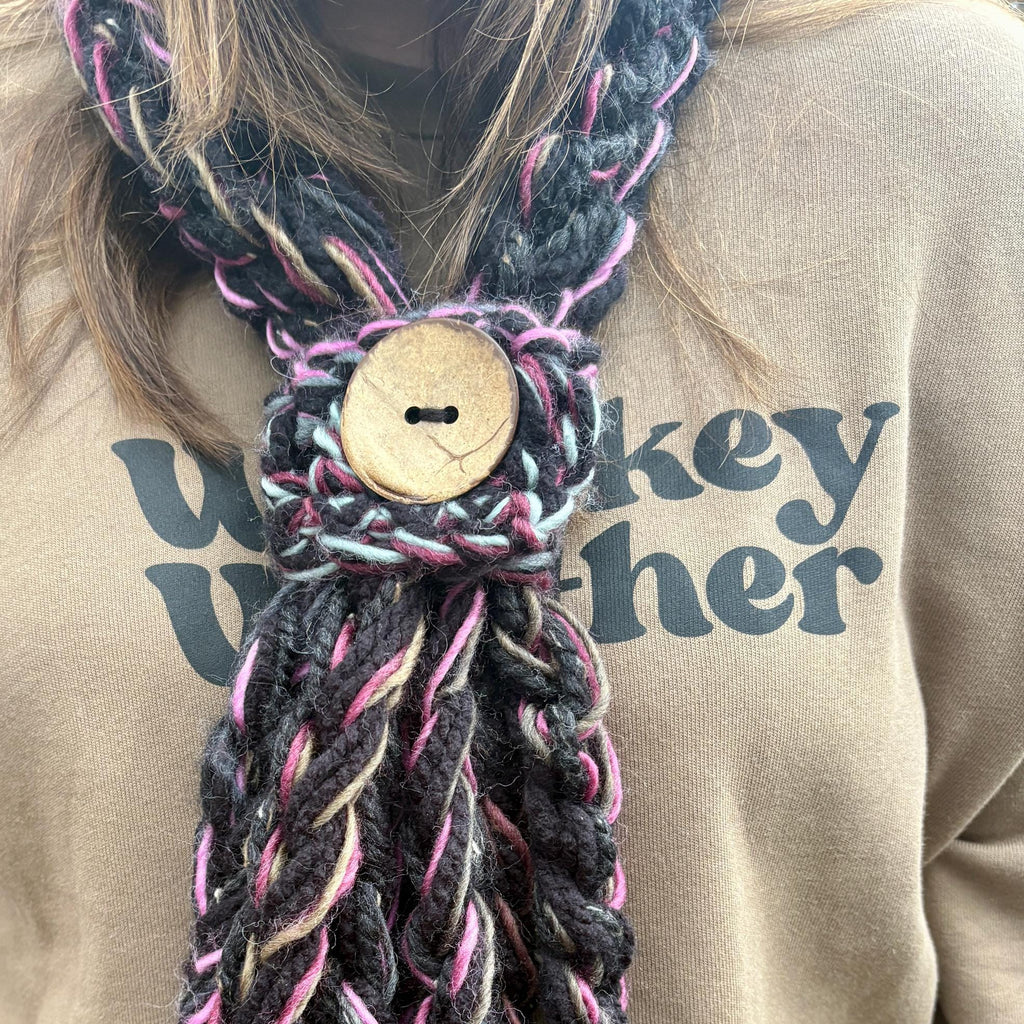 Black Button Infinity Scarf, Hot Pink Grey Blend Chunky Knit, Boho Rope Scarf