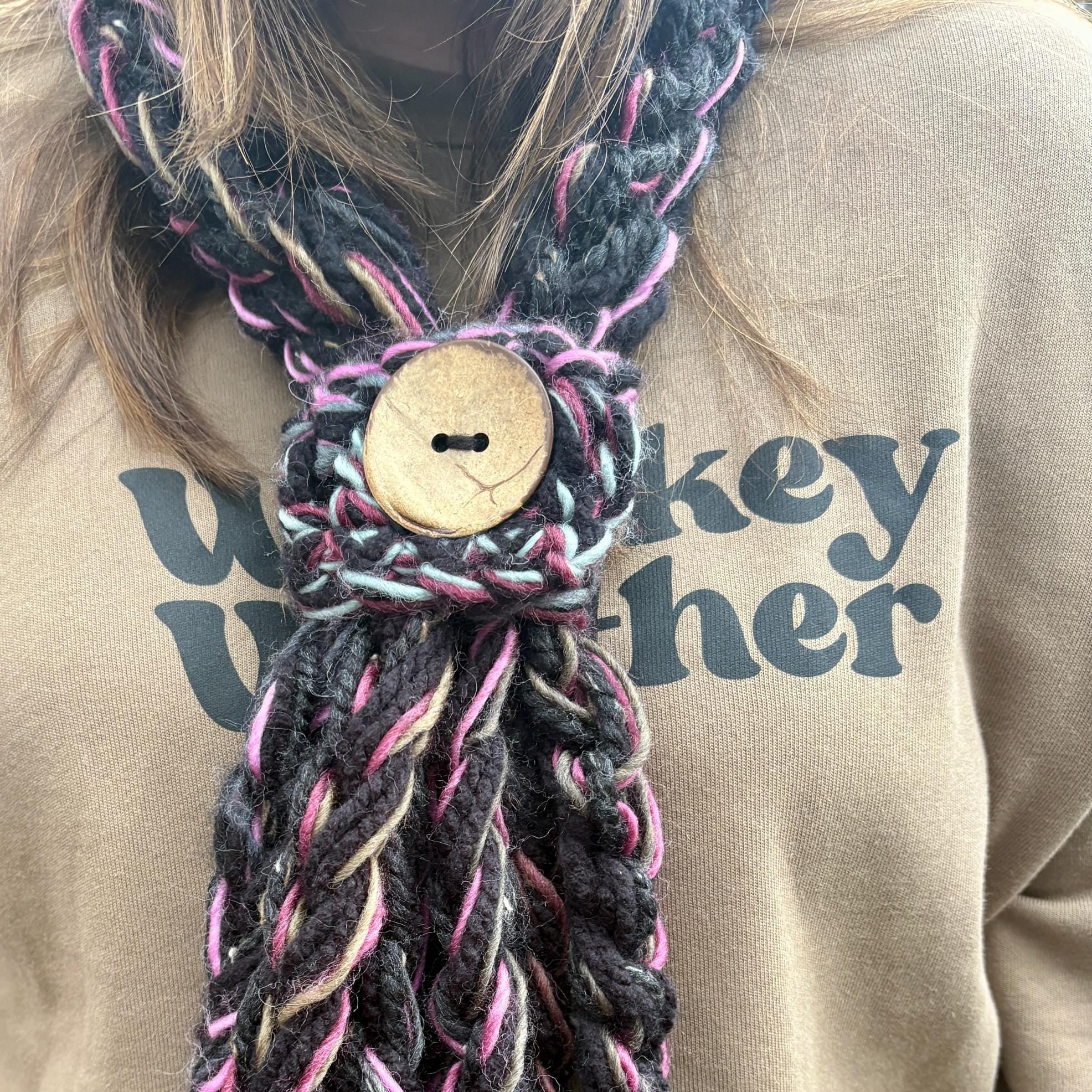 Black Button Infinity Scarf, Hot Pink Grey Blend Chunky Knit, Boho Rope Scarf