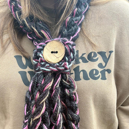 Black Button Infinity Scarf, Hot Pink Grey Blend Chunky Knit, Boho Rope Scarf