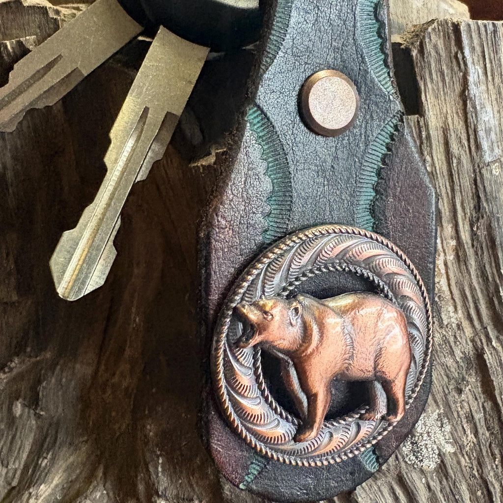 Bear Keychain, Grizzly Key Fob, Handmade Tooled Leather, Western Style