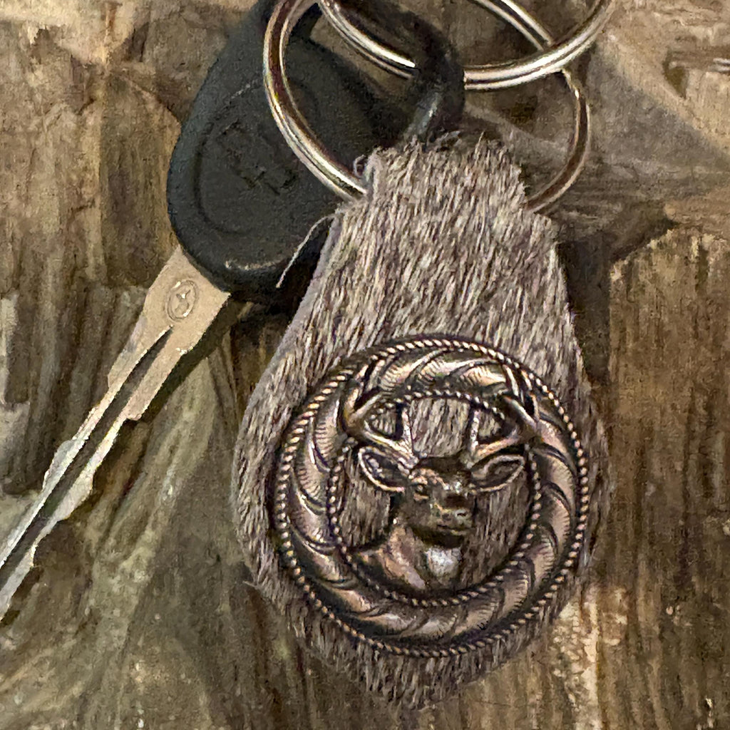 Handmade Hair-on Hide Leather Keychain with Deer Concho, Hunting Accessory