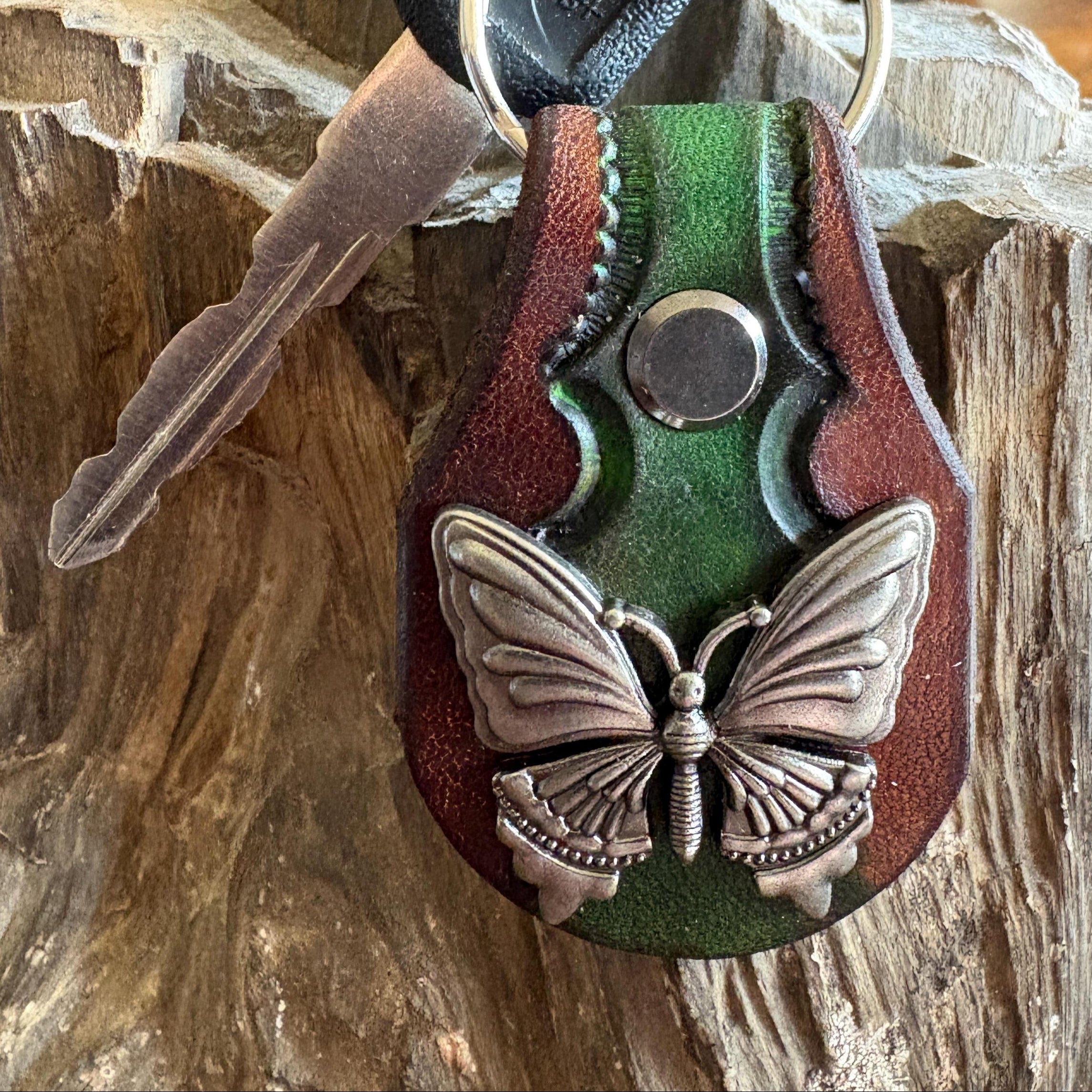 Butterfly keychain: Green Handmade Leather Key Fob