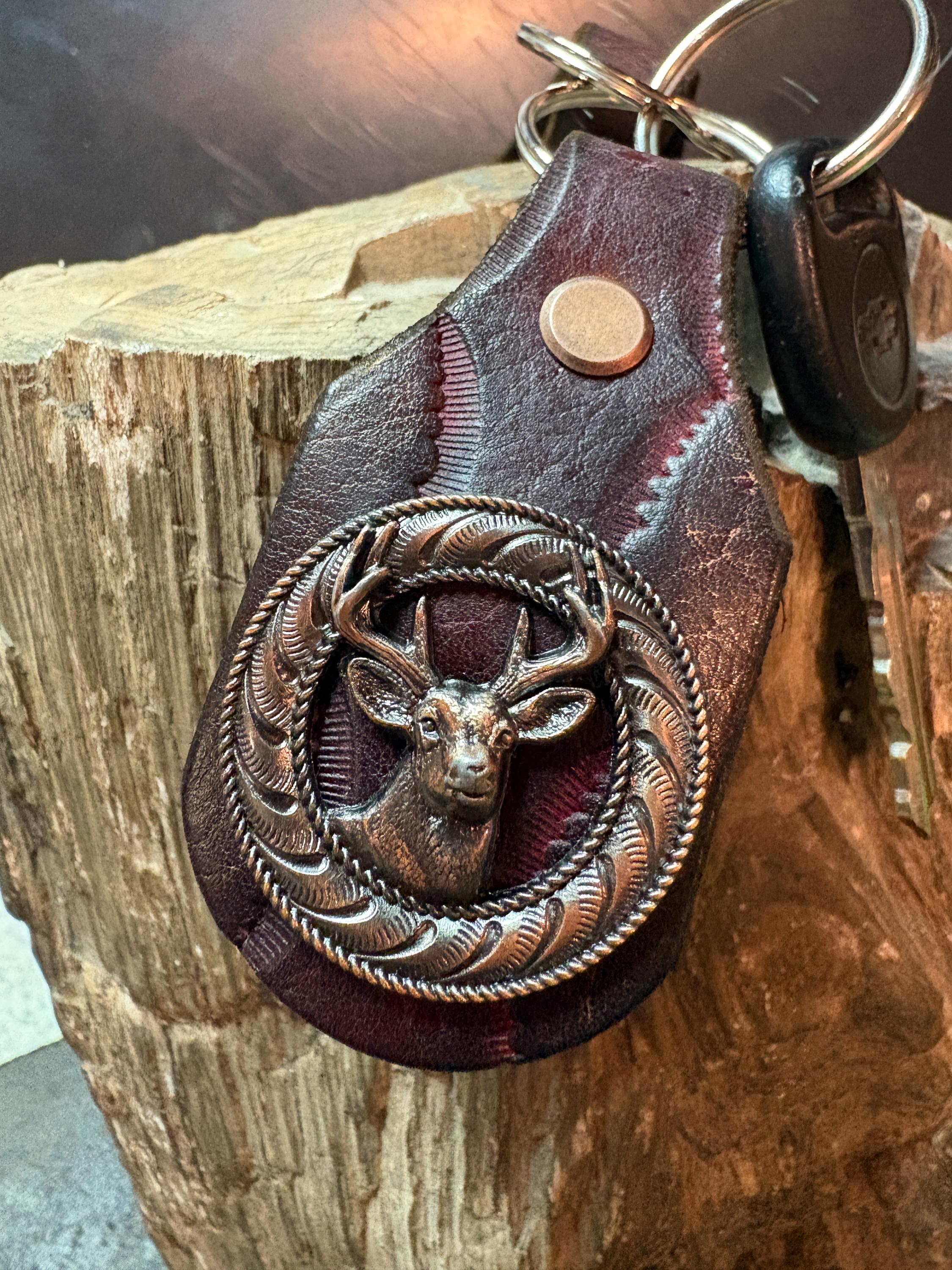 Deer Keychain: Antler, Wildlife, Handmade Leather Hunting Burgundy Brown Western Style Key Fob