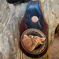 Handmade Leather Keychain, Howling Wolf Concho, Antique Copper Finish, Wildlife Gift