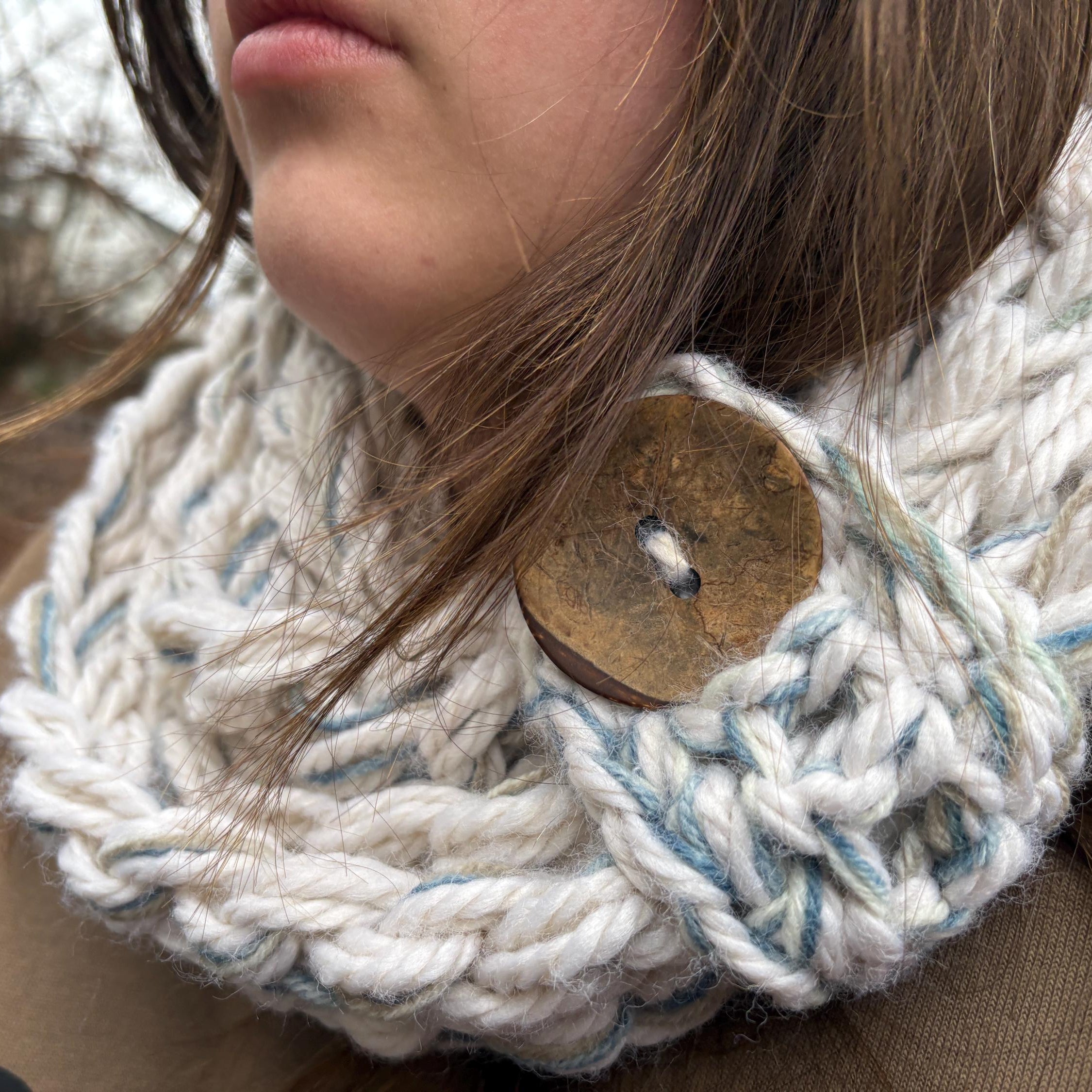 Chunky Knit Button Infinity Scarf, Oatmeal Cream Rope Scarf