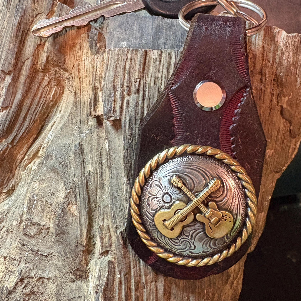 Handmade Tooled Leather Guitar Keychain: Burgundy, Brown, Western Style Fob