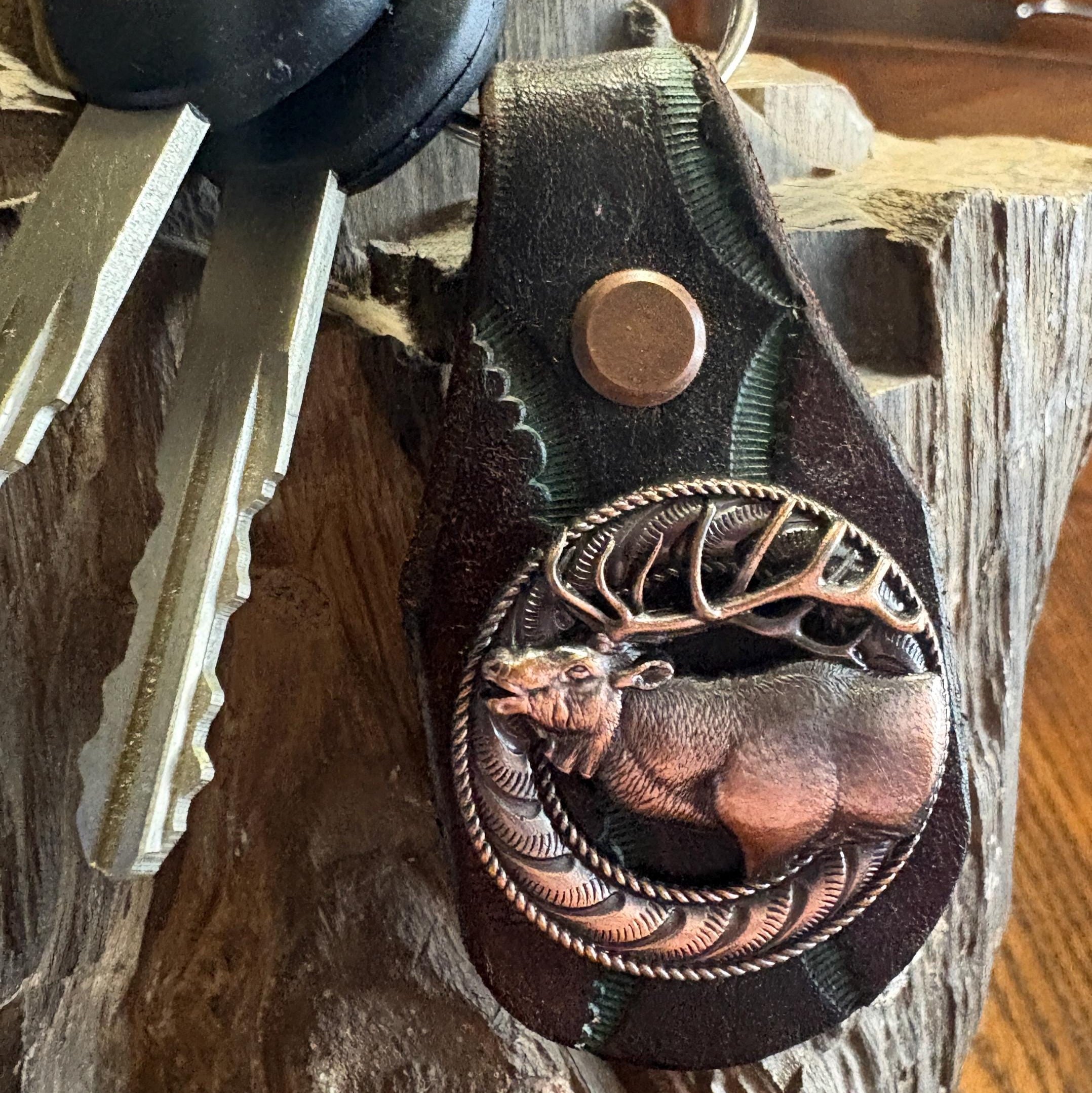 Elk Keychain: Handmade Tooled Leather, Copper Concho, Western Style, Stagg