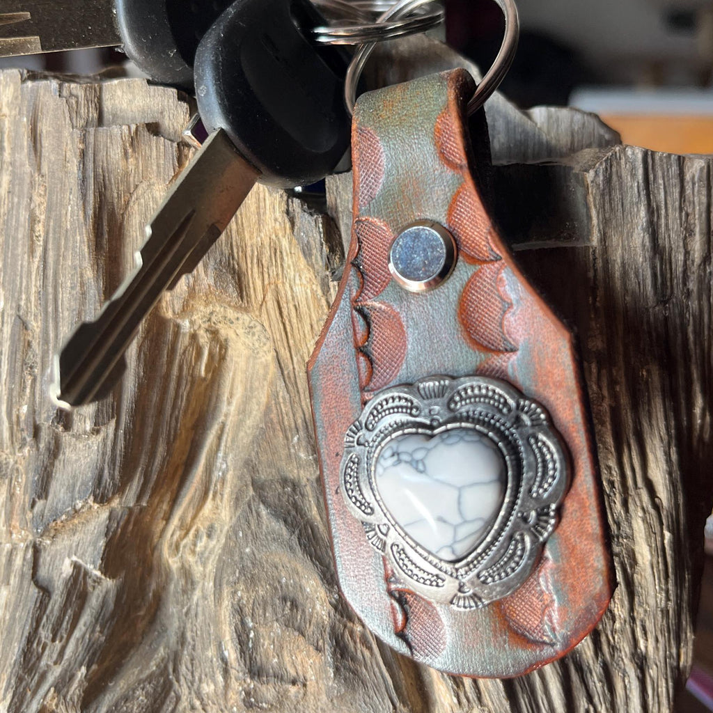 Heart Keychain: White Turquoise Handmade Leather Keychain Key Fob