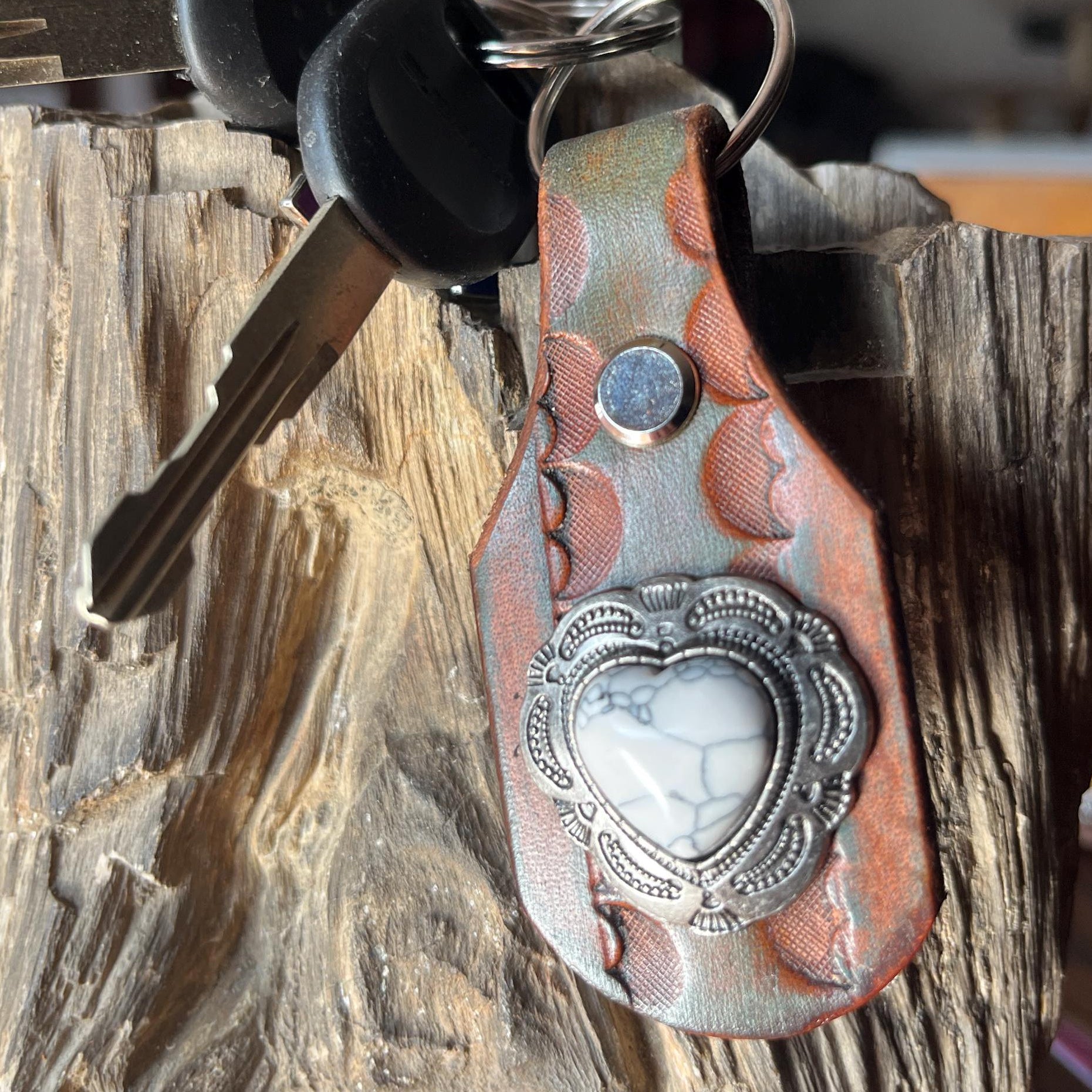 Heart Keychain: White Turquoise Handmade Leather Keychain Key Fob
