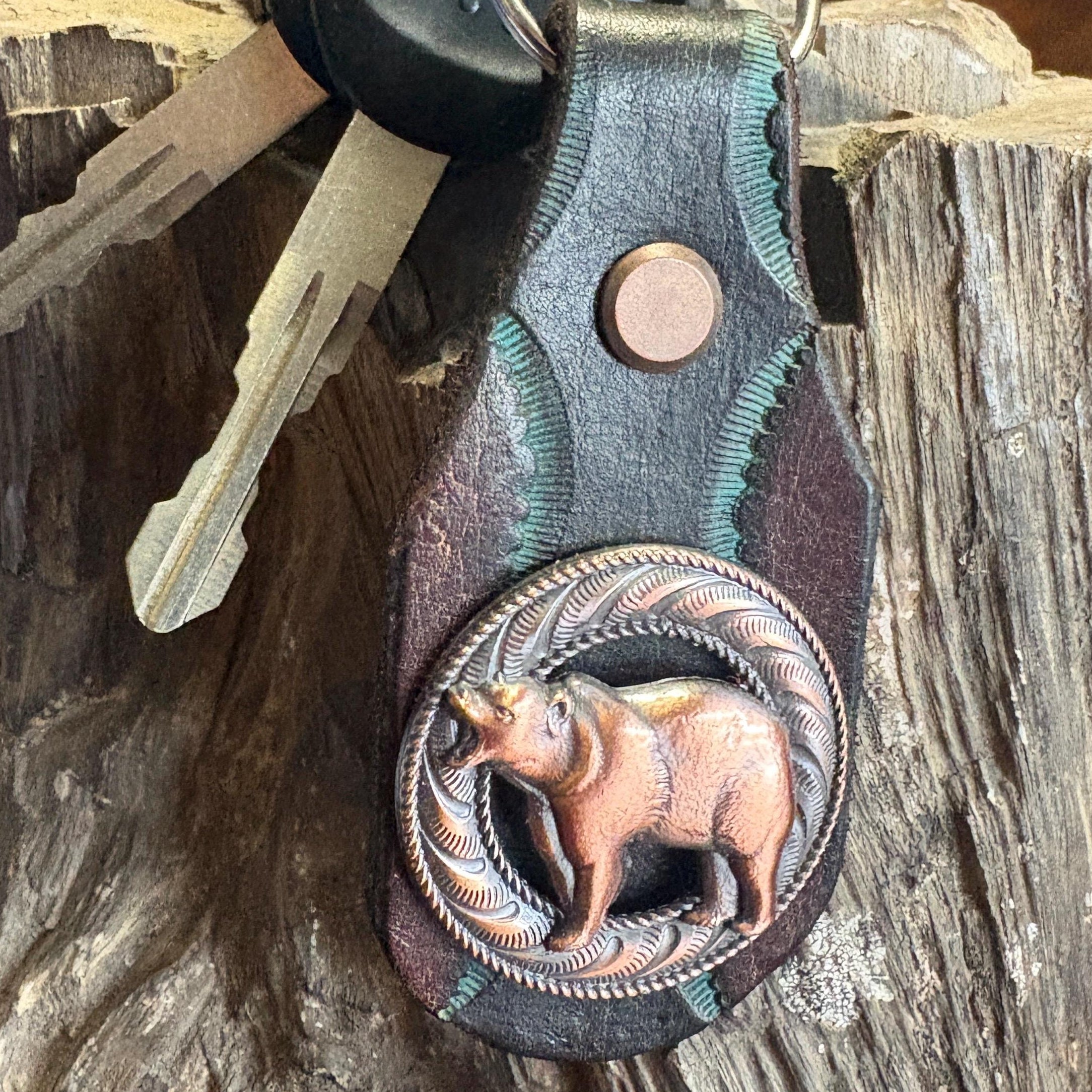 Bear Keychain, Grizzly Key Fob, Handmade Tooled Leather, Western Style