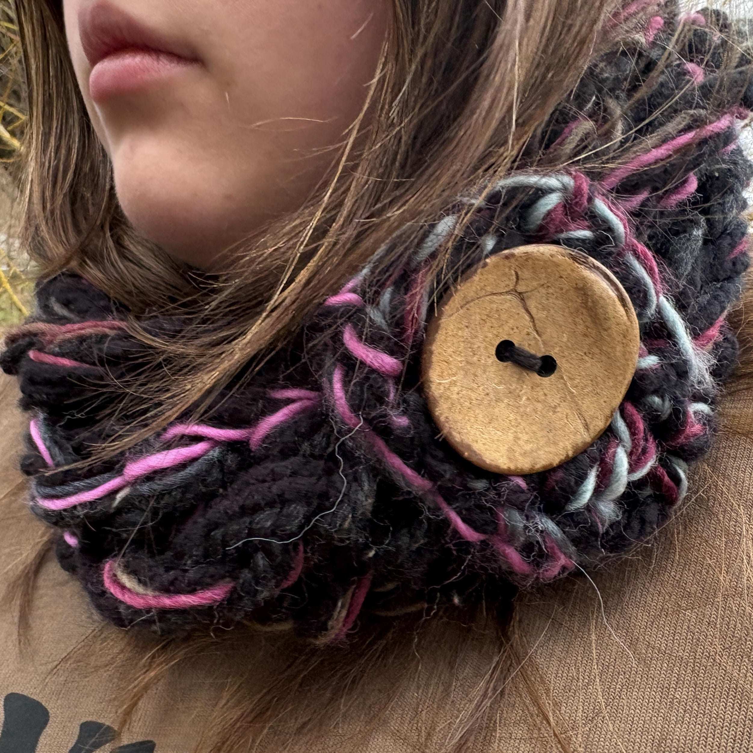 Black Button Infinity Scarf, Hot Pink Grey Blend Chunky Knit, Boho Rope Scarf