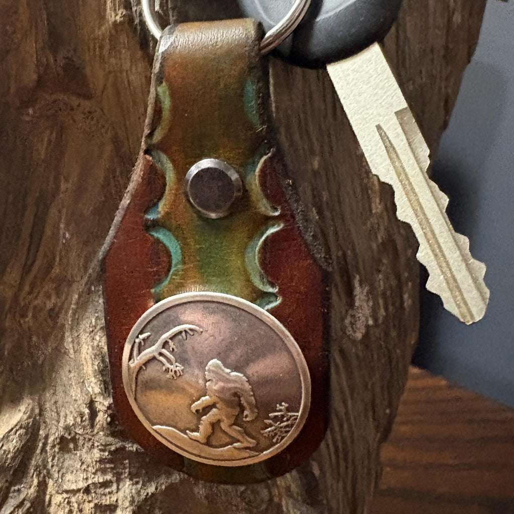 Bigfoot Keychain: Handmade Hand Tooled Sasquatch Leather Key Fob