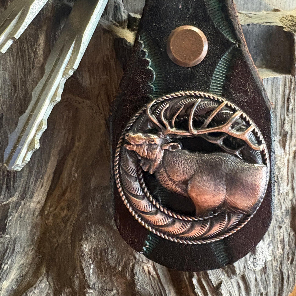 Elk Keychain: Handmade Tooled Leather, Copper Concho, Western Style, Stagg