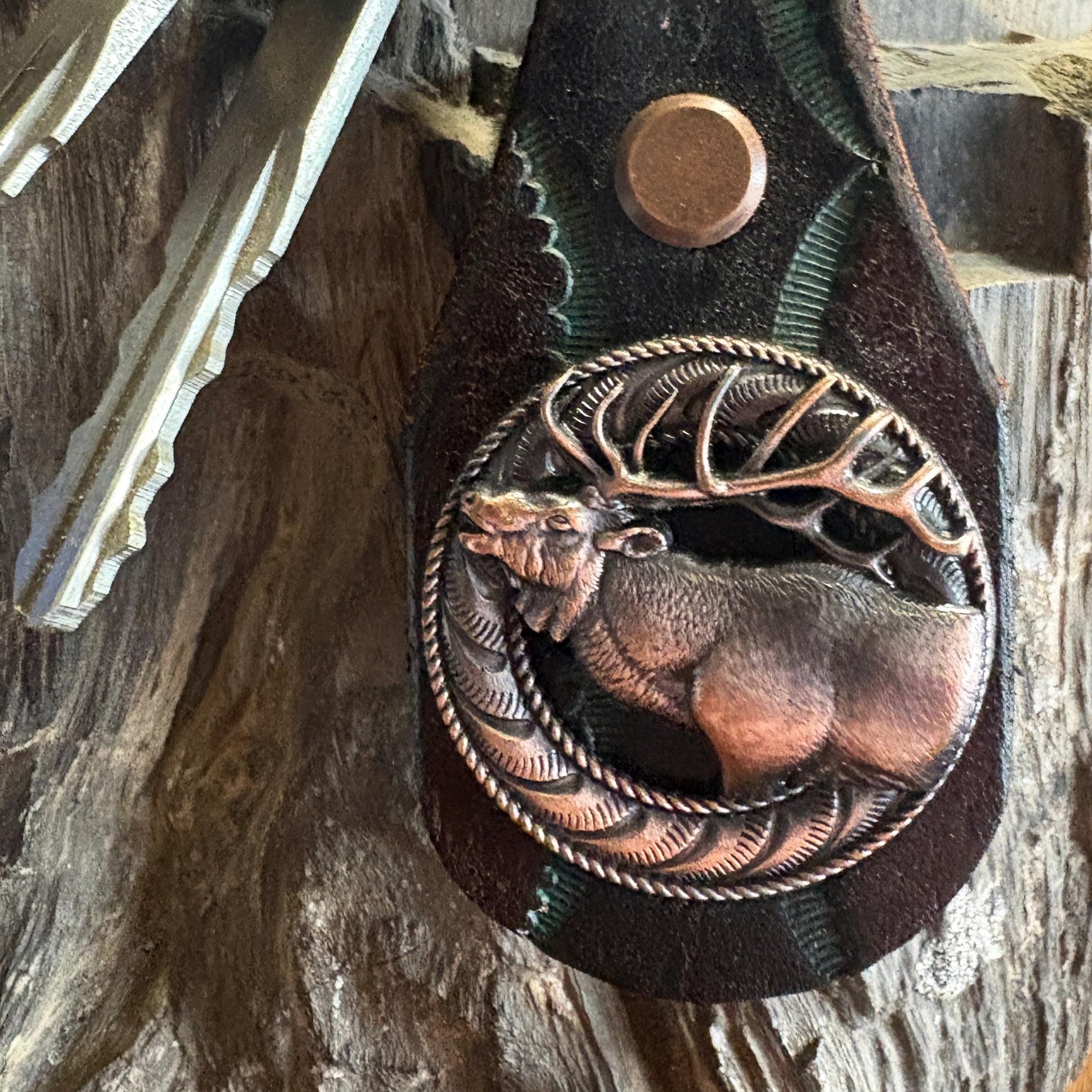 Elk Keychain: Handmade Tooled Leather, Copper Concho, Western Style, Stagg