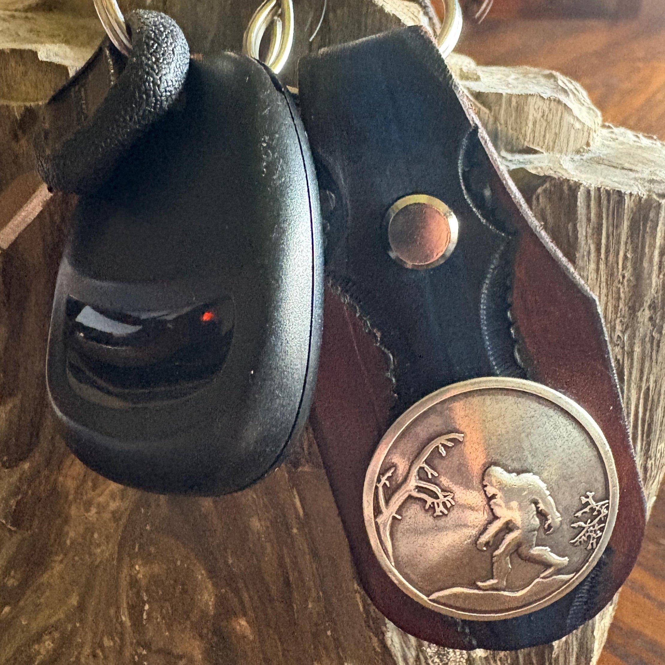 Sasquatch Handmade Leather Keychain: Tooled Bigfoot Accessory Brown and Blue