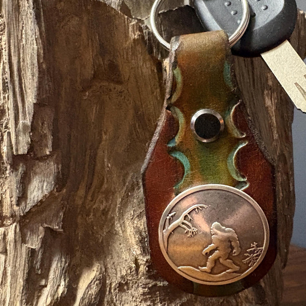 Bigfoot Keychain: Handmade Hand Tooled Sasquatch Leather Key Fob