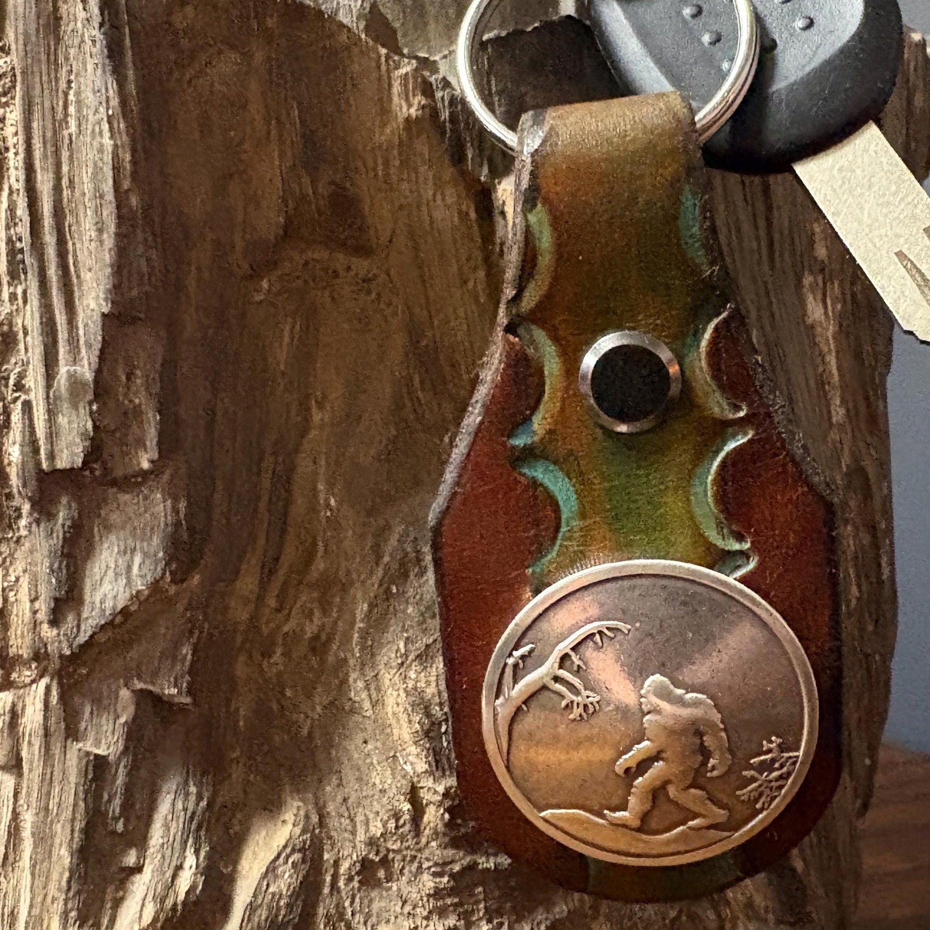 Bigfoot Keychain: Handmade Hand Tooled Sasquatch Leather Key Fob