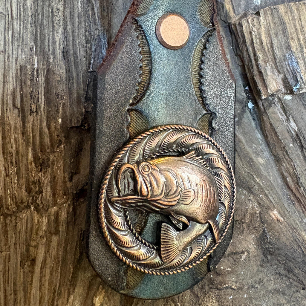 Large Mouth Bass Fishing Keychain, Charcoal Turquoise Concho Dad Gift