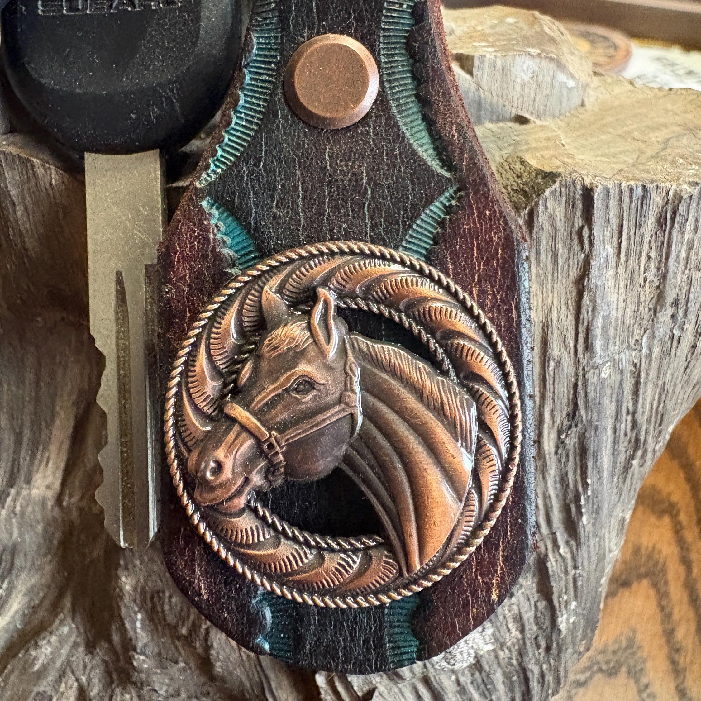 Horse Keychain: Handmade Leather Key Fob, Copper, Bronco, Mare, Concho