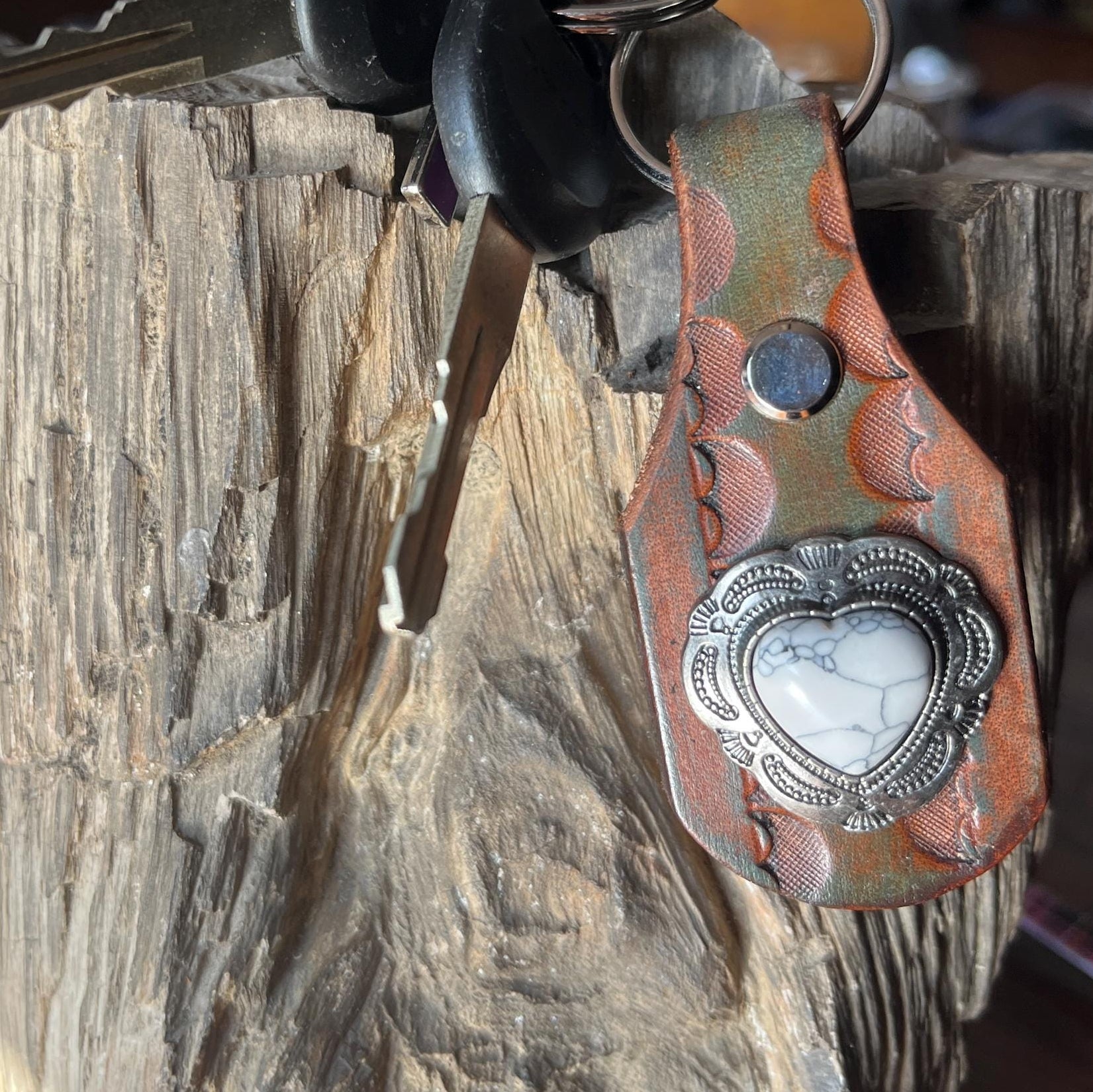 Heart Keychain: White Turquoise Handmade Leather Keychain Key Fob
