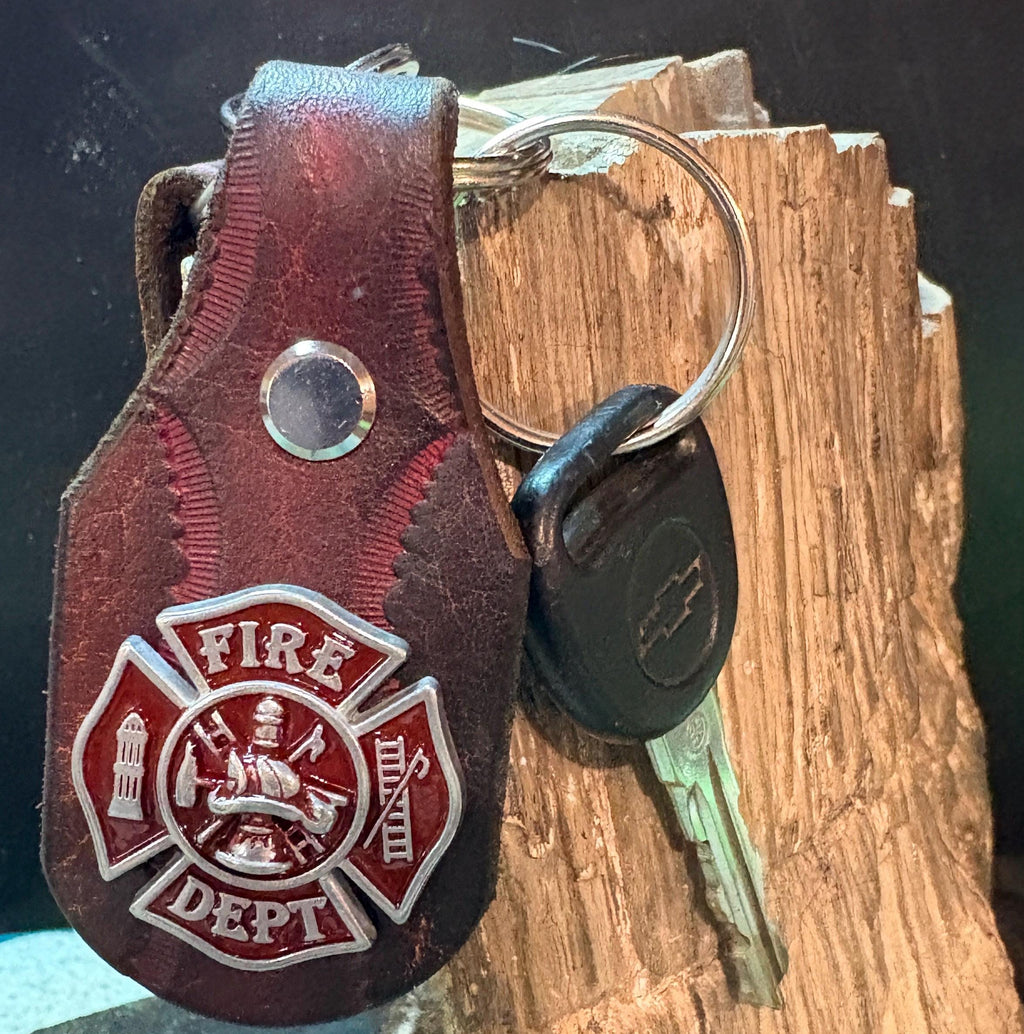 Fire Fighter Keychain: Handmade Leather Fireman Key Fob, First Responder Copper Concho, Western Style