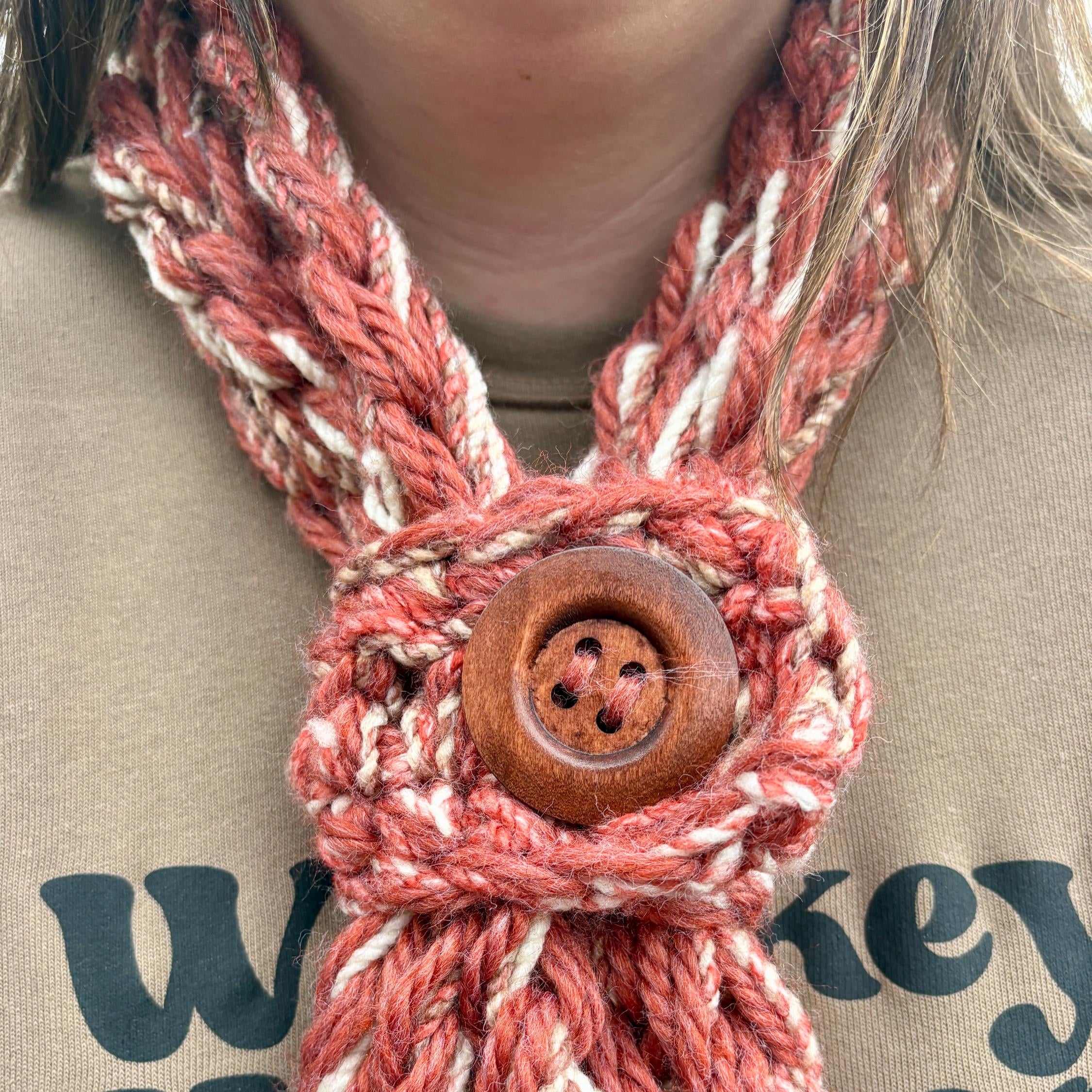 Burnt orange button scarf: beige and rust adjustable snood cowl