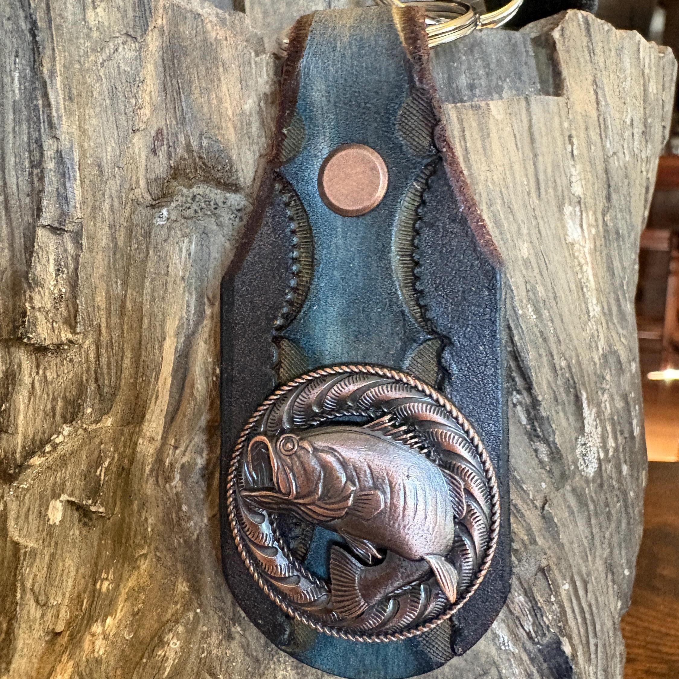 Large Mouth Bass Fishing Keychain, Charcoal Turquoise Concho Dad Gift