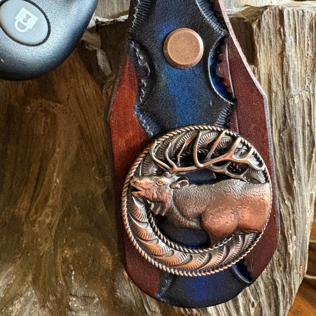 Leather Elk Keychain: Hand Tooled Leather Key Fob, Copper Elk Concho, Western Style