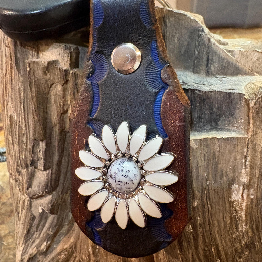 Daisy Keychain: Handmade Leather White Flower Key Fob