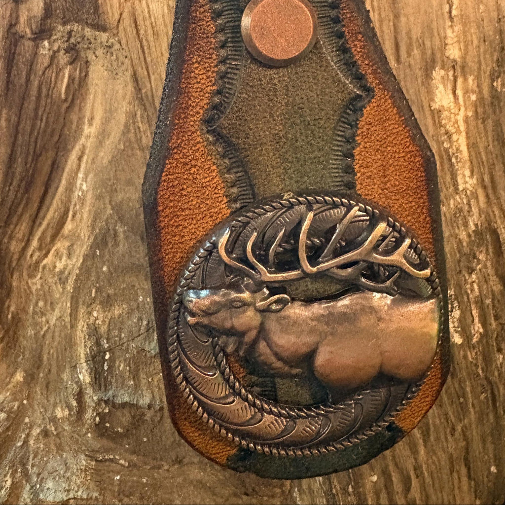 Elk Keychain: Handmade Tooled Leather, Copper Concho, Western Style, Stagg